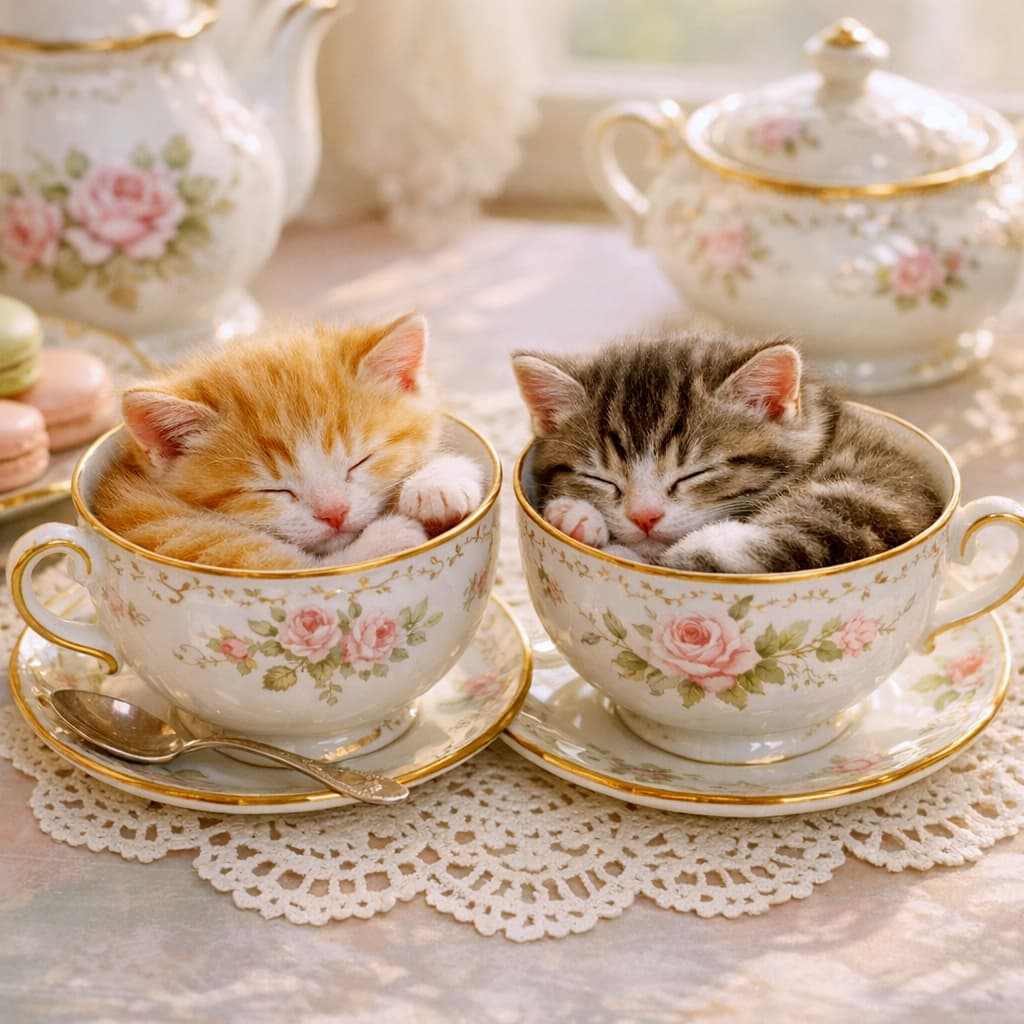 「「ご注文は子猫ですか?」茶トラとサバトラ、カップにみっちり!マカロン添えで甘〜い夢を見てそう♪」Close-up of an orange kitten and a grey tabby kitten sleeping in rose-patterned teacups on a lace doily. A plate of pastel macarons is visible on the left, creating a sweet, high-key morning scene. バラ模様のティーカップに入って眠る、茶トラとサバトラ(グレー)の子猫のクローズアップ。レースのドイリーの上で、左側にはマカロンが置かれ、パステルカラーの柔らかな光に包まれている