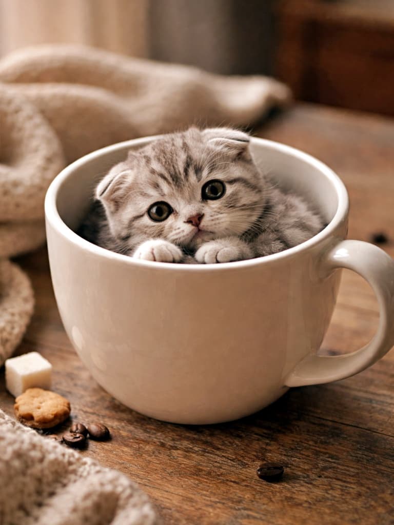 Tiny Scottish Fold kitten curled up inside a large ceramic coffee mug, softly lit, photorealistic close-up with a warm cozy atmosphere 大きな陶器のコーヒーマグの中で丸くなってくつろぐ、スコティッシュフォールドの子猫のフォトリアルなクローズアップ写真