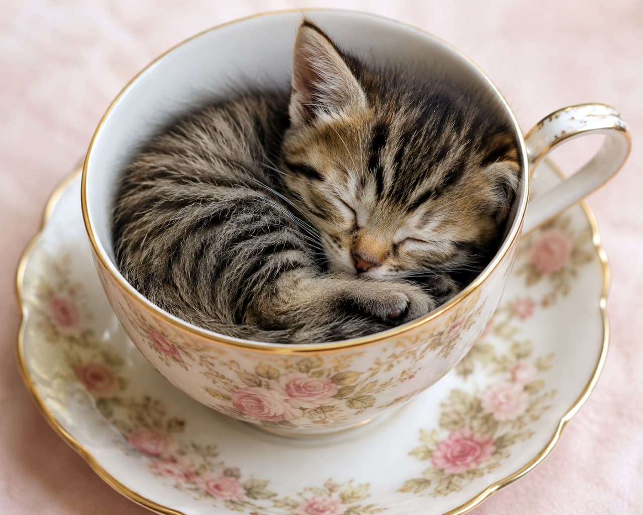 「ティーカップサイズの小さな天使👼☕️💕 ぐっすり眠るキジトラちゃんに心癒されます✨ ほっこり温かい時間をどうぞ🐈 #子猫 #癒しの時間 #猫のいる暮らし」Ultra-realistic high-quality photograph of a small brown tabby kitten curled up snugly and sleeping peacefully inside an antique porcelain teacup adorned with pink roses and gold trim. The soft, warm lighting highlights the kitten's fluffy fur and the delicate details of the teacup against a pastel pink background. 柔らかな光に包まれた淡いピンクの背景の中、金彩があしらわれたアンティーク調のピンクの薔薇柄ティーカップにすっぽりと収まり、スヤスヤと眠るキジトラ（ブラウンタビー）の子猫。額の美しいM字模様や、ふんわりとした柔らかな被毛の質感、そして安心しきって丸まる愛らしいポーズが極めてリアルに描写された、心温まる至福の情景