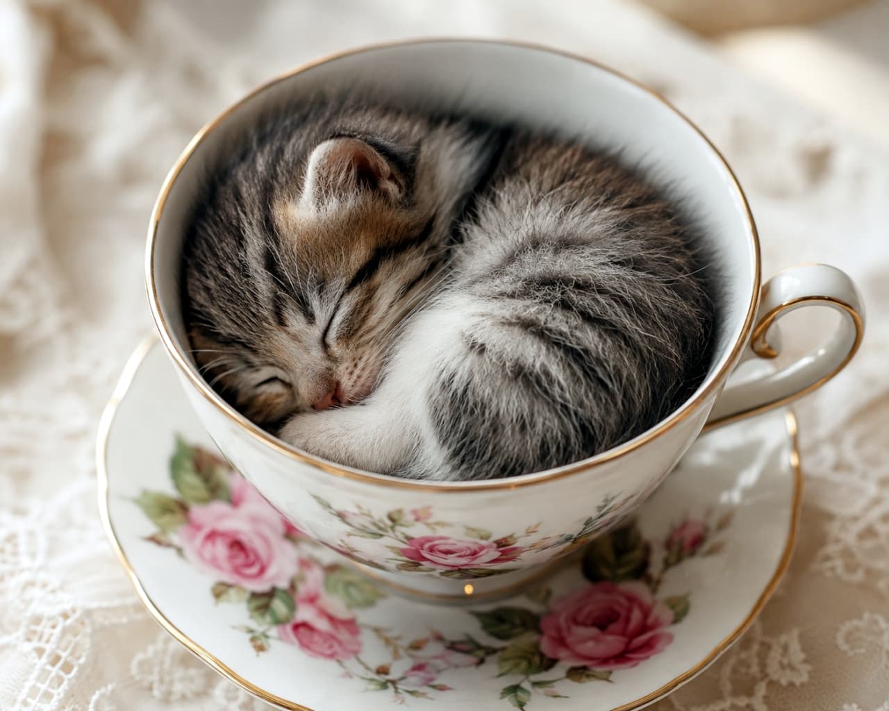 「ティーカップの中に小さな天使を発見！☕️🐈✨ すっぽり丸まってどんな夢を見ているのかな…💤 ずっと眺めていたくなる至福の癒やしをお届けいたします💖 #子猫 #癒しの時間 #猫のいる暮らし」Ultra-realistic high-quality photograph of a tiny brown tabby and white kitten sleeping snugly, completely curled up inside an elegant porcelain teacup adorned with pink roses and gold trim. Resting on a delicate lace doily, the heartwarming scene is illuminated by soft, warm sunlight that beautifully highlights the kitten's fluffy fur and little white paws. 柔らかな自然光が差し込む中、繊細なレースのドイリーに置かれた優美なピンクの薔薇柄ティーカップにすっぽりと収まり、幸せそうに深く眠るキジ白（ブラウンタビー＆ホワイト）の子猫。丸くうずくまった小さな体、あごの下に添えられた純白の愛らしい前足、そしてふんわりとした被毛の質感が極めてリアルに描写されており、ティーセットの金彩の輝きと相まって、見る者の心を優しく包み込む至福の情景を醸し出しています