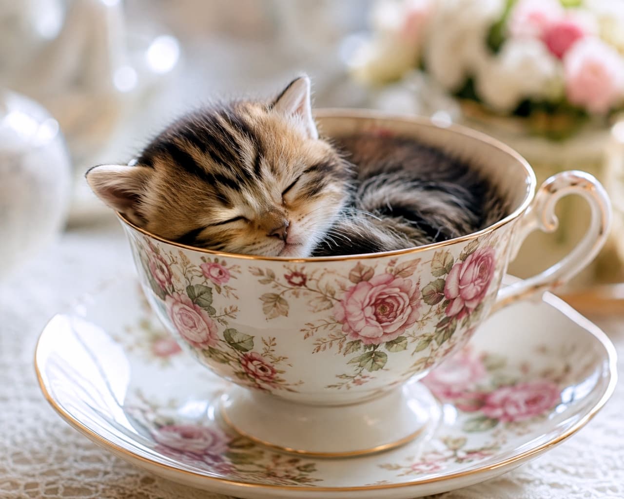 「ティーカップに舞い降りた小さな天使👼☕️💕 ぐっすり眠るキジトラちゃんに心癒されます✨ ほっこり温かい午後をお過ごしください🐈 #子猫 #癒しの時間 #猫のいる暮らし」Ultra-realistic high-quality photograph of a tiny brown tabby kitten sleeping snugly inside an elegant porcelain teacup adorned with pink roses. Resting on a delicate lace doily, the heartwarming scene is illuminated by soft afternoon sunlight that beautifully highlights the kitten's fluffy fur and peaceful expression, framed by softly blurred flowers in the background. 柔らかな午後の光が差し込む中、繊細なレースの敷物の上に置かれた優美なピンクの薔薇柄ティーカップにすっぽりと収まり、幸せそうに深く眠るキジトラ（ブラウンタビー）の子猫。額のくっきりとしたM字模様や、ふんわりとした柔らかな被毛の質感、ぎゅっと目を閉じた無防備で愛らしい表情が極めてリアルに描写されています。背景のぼやけた花々やティーセットの輝きと相まって、見る者の心を優しく包み込む至福の情景