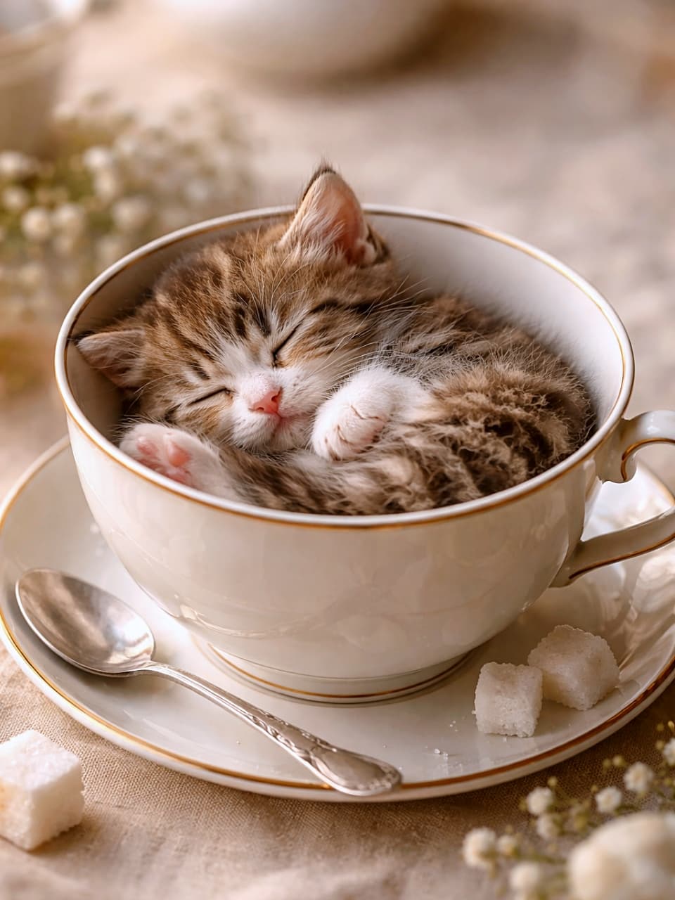 「ティーカップにすっぽり夢の中。甘さ控えめ、癒やしは特濃です」A photorealistic sleeping kitten curled up snugly inside a teacup placed on a saucer, surrounded by sugar cubes and a teaspoon. ティーカップの中で丸くなって気持ちよさそうに眠る子猫。ソーサーや角砂糖、ティースプーンが添えられたフォトリアルな写真