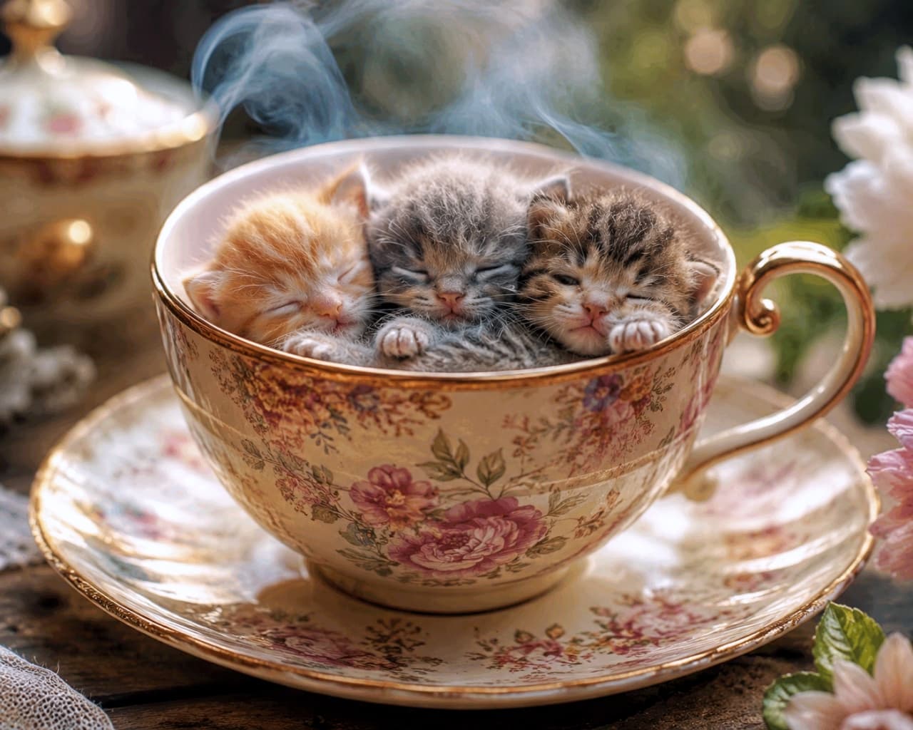 「カップの中でスヤスヤ…夢の世界へ出発です☕️ちいさな3匹のぬくもりに心がほっこり癒やされますね🌸 #子猫 #猫好き #癒やし #猫のいる暮らし」Ultra-realistic high-quality macro photograph of three tiny micro-kittens sleeping peacefully side-by-side inside a classical floral porcelain teacup. Featuring a red tabby, silver tabby, and brown tabby kitten resting their tiny paws on the golden rim, with soft blue-tinted steam swirling above and a beautifully blurred background of soft flowers and warm light spots. エレガントな薔薇模様と金の持ち手が美しい磁器ティーカップの中で、きれいに横並びになってスヤスヤと眠る3匹の超小型子猫。左から柔らかな毛色の茶トラ、グレー系のシルバータビー、くっきりとした模様のキジトラの赤ちゃん猫が、小さな前足をカップの縁にちょこんと添えて寄り添っています。カップから揺らめき立つ青みがかった幻想的な湯気と、背景の柔らかなボケ感のある花々や光の玉ボケが、絵本の一片のような温もりのある情景を表現