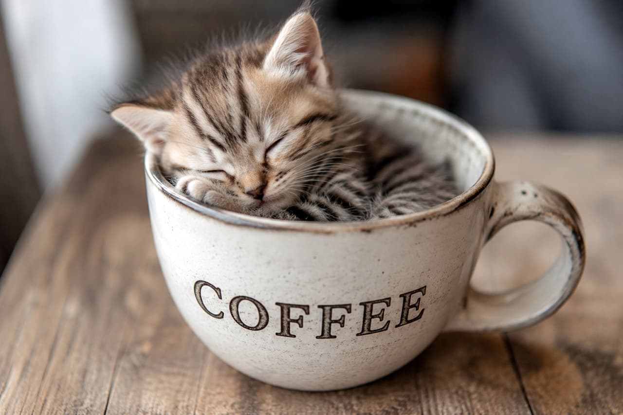 「「COFFEE」のマグカップにちょこんと収まる小さな天使降臨…☕️🐈💤 気持ちよさそうな寝顔に、今日一日の疲れも全部吹き飛びますね💕 #猫のいる暮らし #癒やし」Ultra-realistic high-quality photograph of a tiny tabby kitten sleeping snugly, completely curled up inside a large ceramic coffee mug with the word "COFFEE" printed on it, resting on a wooden table. The soft natural lighting beautifully highlights the kitten's fluffy brown-and-black striped fur, closed eyes, and delicate paws tucked in under its chin. 落ち着いた木目のテーブルに置かれた、「COFFEE」の文字と茶色の縁取りがある大きめの白い陶器製マグカップ。その中にすっぽりと丸まって平和な寝顔を見せる、アメリカンショートヘア風のブラウンプリーツやタビー柄の小さな子猫。ふんわりとした柔らかい被毛の質感や、小さなおててをあごの下に添えてスヤスヤ眠る姿が、柔らかな自然光に照らされて極めてリアルに描写されています