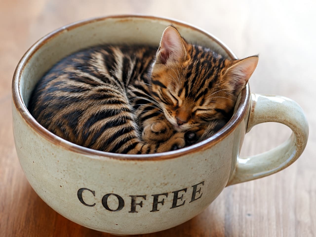 「マグカップからこぼれそうな野生のミニタイガー！？🐯☕️ すっぽり丸まって眠る姿が尊すぎて胸がキュンとなります…✨ #トイガー #猫のいる暮らし」Ultra-realistic high-quality photograph of a tiny Toyger kitten curled up snugly inside a large ceramic coffee mug with the word "COFFEE" printed on it, resting on a wooden table. The kitten features vibrant brownish-orange fur with bold, distinct black tiger stripes, sleeping peacefully with its tiny paws tucked in under soft, warm natural lighting. 木目のテーブルの上に置かれた、「COFFEE」の文字と茶色の縁取りがある大きめな陶器製マグカップ。その中にすっぽりと丸まって眠る、トイガーの小さなお子様。鮮やかな茶褐色の被毛に美しい黒いトラ柄のストライプ模様がくっきりと入り、前足をぎゅっと寄せ合って安らかにまどろむ姿が、柔らかな自然光に照らされて極めてリアルに表現されています
