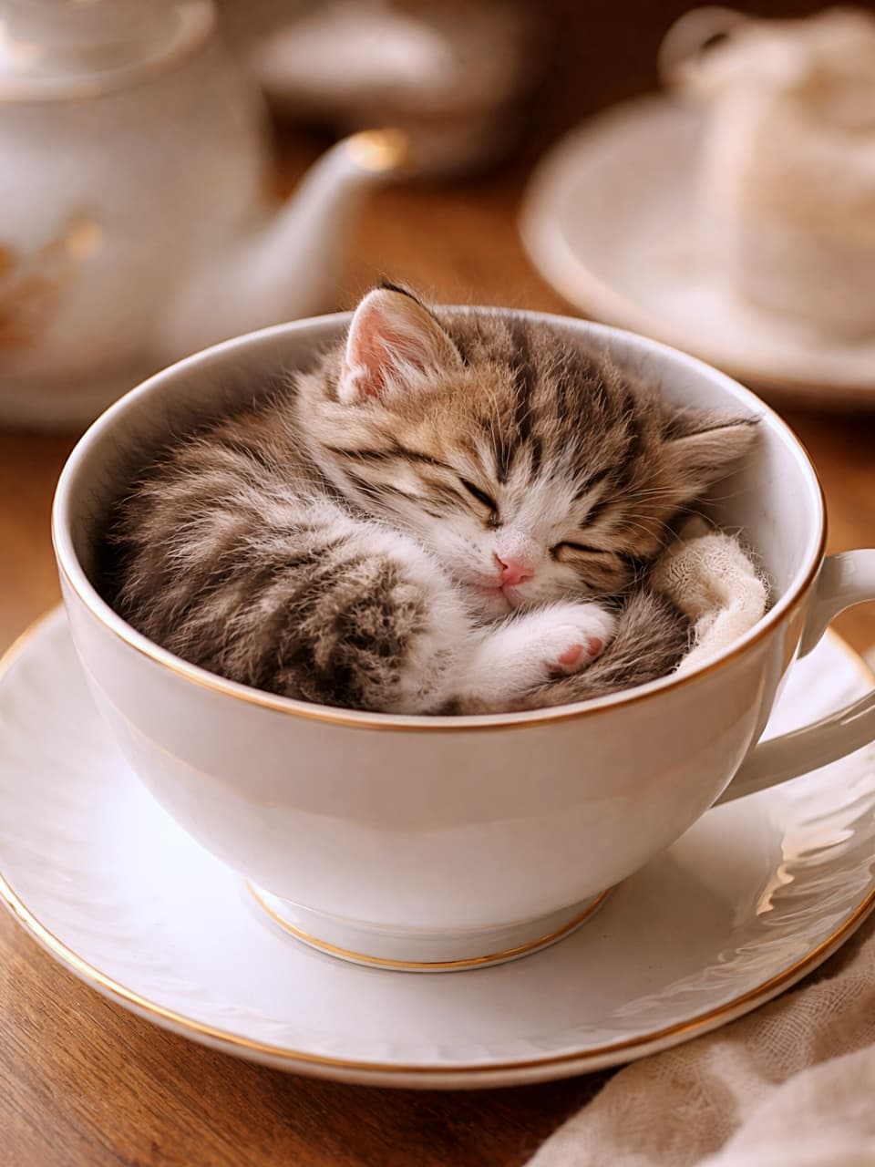 「ティーカップにすっぽり夢の中。小さな幸せがここに詰まってるにゃ」A tiny kitten curled up and sleeping snugly inside a porcelain teacup on a wooden table, photorealistic. 木製テーブルの上の陶器のティーカップの中で丸くなって眠る小さな子猫