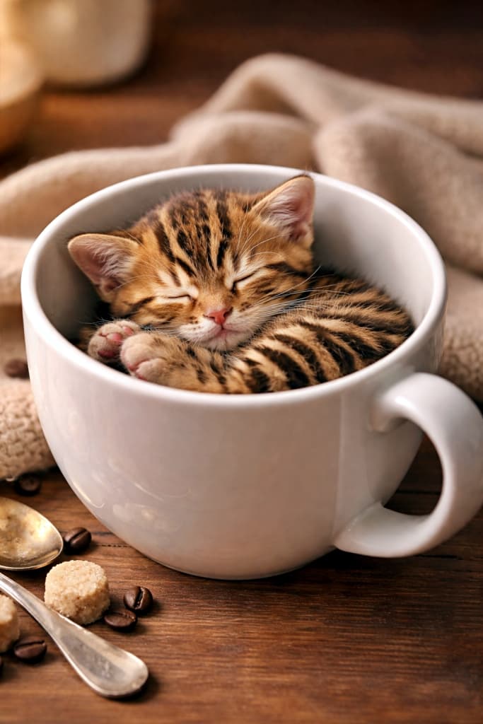 A tiny Toyger kitten curled up asleep inside a large white ceramic coffee mug, softly lit with a warm and cozy atmosphere, photorealistic. 大きな白い陶器のコーヒーマグの中で丸くなって眠る、とても小さなトイガーの子猫。柔らかな光に包まれた、温かみのあるフォトリアルな写真