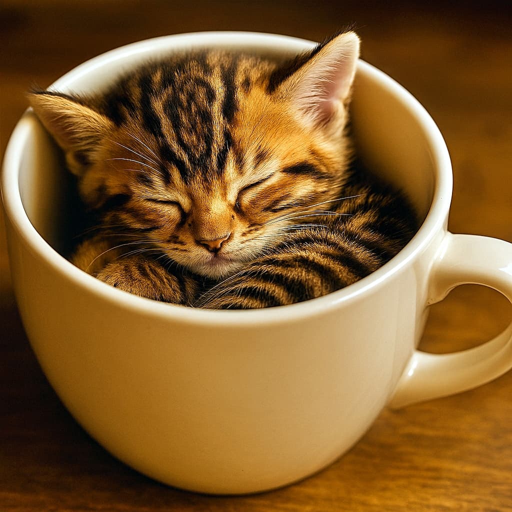 A tiny toyger-patterned kitten curled up asleep inside a large white ceramic coffee mug. Soft lighting highlights its striped fur and peaceful expression as it rests on a warm wooden surface. 大きな白いマグカップの中で丸くなって眠るトイガー柄の子猫。柔らかな光に包まれ、木製テーブルの上で穏やかな雰囲気を醸し出している