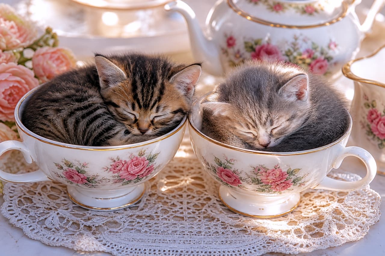 「極上の朝のティータイムは、可愛すぎる天使たちと一緒にいかがですか？☕️🐈✨ カップにすっぽり収まるお姿に、心から癒されます💖 #猫好き #癒し時間 #猫のいる暮らし」Ultra-realistic high-quality photograph of two small kittens, a brown tabby and a silver tabby, sleeping tightly curled up inside matching floral porcelain teacups on a delicate lace doily. Morning sunlight softly illuminates the scene, highlighting the texture of their fur against a softly blurred background featuring an antique teapot and pastel pink roses. 柔らかな朝陽が差し込む中、繊細なレースのドイリーの上に置かれたお揃いの花柄ティーカップにて、身を寄せて眠る2匹の子猫。ブラウンタビーのキジトラとシルバータビーのサバトラが丸くなる愛らしい姿と、背景に溶け込むアンティーク調のティーセットやピンクのバラが、被毛の質感まで極めてリアルに捉えられた美しい情景