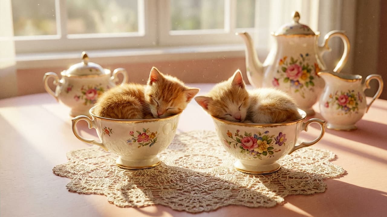 「ティーカップにすっぽり♡双子の茶白ちゃんが仲良くお昼寝。朝の光に包まれた、極上の癒やしタイム」Two tiny orange and white kittens sleeping curled up inside matching floral porcelain teacups on a lace doily. Sunlight streams through a window behind them, illuminating floating dust particles and a full vintage tea set in the background. から差し込む朝日で埃がキラキラと舞う中、お揃いの花柄ティーカップの中で丸まって眠る2匹の茶白の子猫。背景にはティーポットなどのヴィンテージ食器が並び、幻想的なティータイムの光景