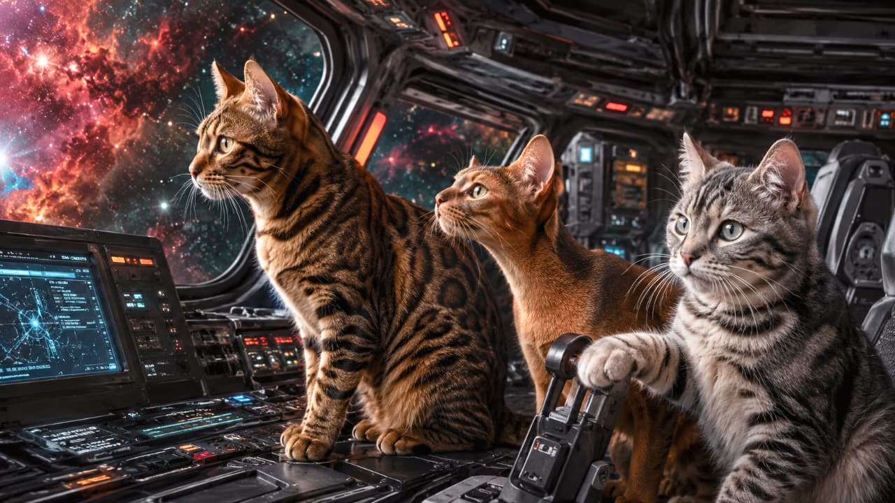 「全員配置につけ！にゃんこ艦隊、新たなちゅ〜るの星を求めてワープ準備完了です🚀🌌🐈 #宇宙猫 #SF #猫好きさんと繋がりたい」Ultra-realistic high-quality photograph of a Bengal cat, an Abyssinian, and a tabby cat holding a control stick on the bridge of a futuristic spaceship, looking out at a glowing nebula, beautifully blending sci-fi elements with feline grace. 近未来的な宇宙船のブリッジで、星雲が輝く窓の外を見つめるベンガル猫とアビシニアン、そして操縦桿を握るキジトラ猫の情景。計器類の青い光と猫たちの真剣な横顔がマッチしたSFチックな超高画質な写真です