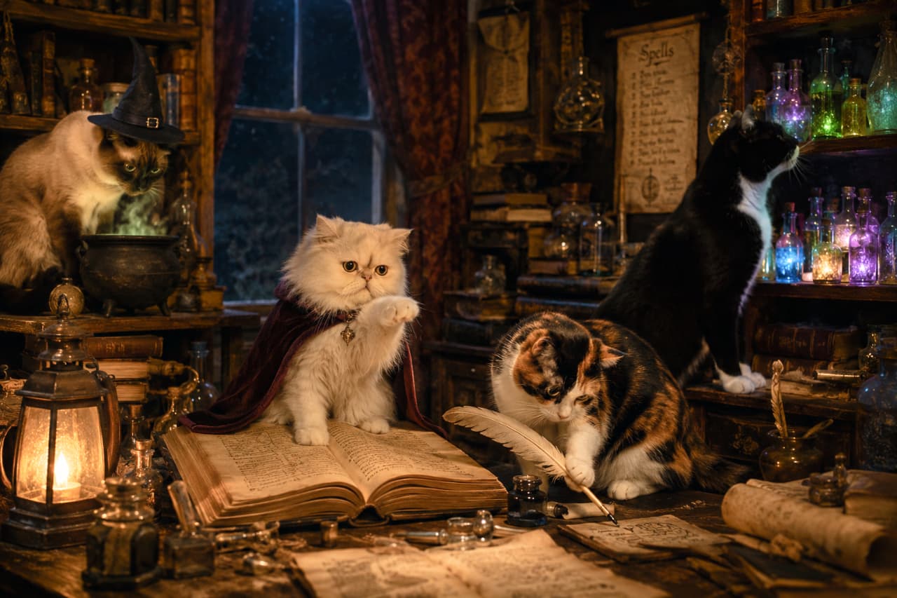 「夜の魔法研究会へようこそ🐈🪄賢い猫たちが次に生み出す魔法はどんなものかな？📖✨ #猫のいる暮らし #魔法使い #ファンタジー」Ultra-realistic high-quality photograph of cats in a dimly lit wizard's study: a cloaked Persian cat reaching for a book, a calico holding a quill, a Siamese staring into a cauldron, and a tuxedo cat on a shelf, illuminated by glowing potions and a mysterious lamp. 薄暗い魔法使いの研究室で、マントを着て本に手を伸ばすペルシャ猫、羽ペンを握る三毛猫、鍋を見つめるシャム猫、棚の上のハチワレ猫が描かれた情景。光る魔法薬やランプの神秘的な光が美しい超高画質な写真です