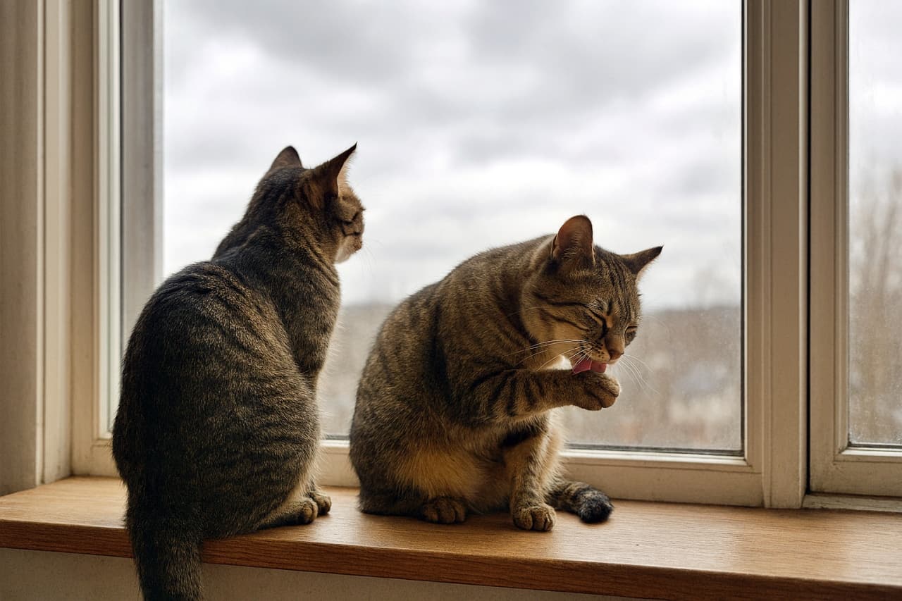 Two tabby cats sit on a wooden windowsill on a cloudy day—one gazing outside, the other grooming its paw. 曇りの日の窓辺に座る2匹のトラ猫。1匹は外を見つめ、もう1匹は前足を毛づくろいしている