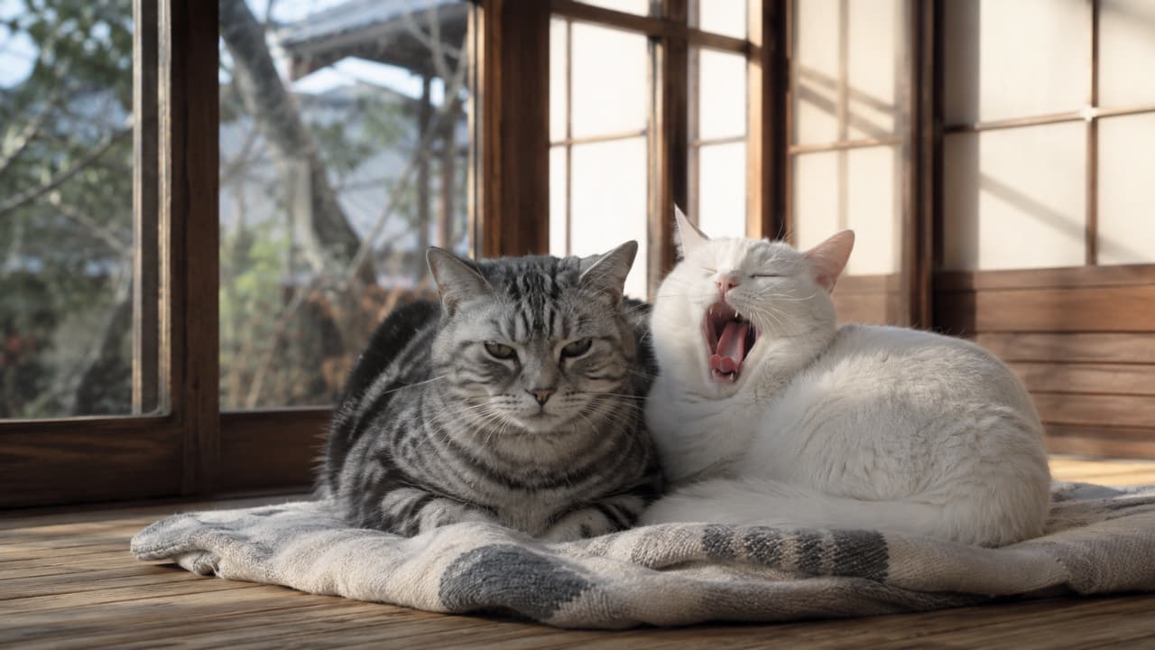 「ポカポカ陽気でつられてあくびが出ちゃうニャ〜🥱☀️ キリッとしたお顔と大あくびのギャップの対比が最高すぎるコンビです👬💕」Ultra-realistic high-quality photograph of two cats relaxing on a sunny Japanese engawa (porch). A sharp-looking silver tabby sits neatly next to a fluffy white cat catching a big yawn. The warm sunlight and shadows create a peaceful afternoon atmosphere. 日差しが差し込む明るい縁側（または和室の窓辺）で、仲良く並んで香箱座りをする2匹の猫。左側にはキリッとした表情のサバトラ（アメリカンショートヘア風）、右側には目を細めて豪快に大あくびをする真っ白な猫が寄り添っています。障子やガラス戸越しの暖かな光と影のコントラストが、長閑な午後の時間を美しく描き出す高品質な写真です