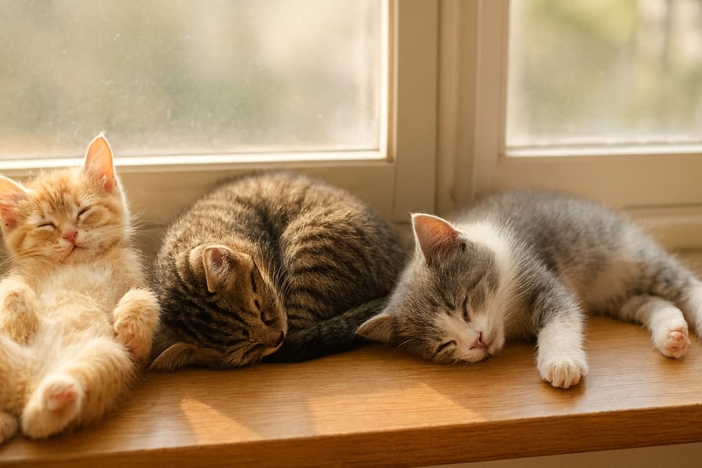 Three kittens nap peacefully on a sunlit windowsill: an orange tabby lies belly-up, a brown tabby curls into a ball, and a gray-and-white kitten stretches out, all bathed in warm afternoon light. 午後の柔らかな日差しが差し込む窓辺で、茶トラはへそ天、キジトラは丸まり、グレー白は伸びのポーズで、安心しきった表情で昼寝している