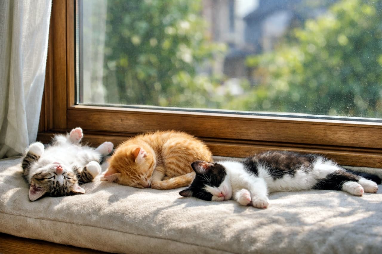 「寝相も個性も三者三様。ぽかぽか窓辺は、子猫たちの最高の昼寝スポット🐾☀️」Three kittens napping by a sunny window, each sleeping in a different relaxed pose, photographed in a realistic style. 日当たりの良い窓辺で、三匹の子猫がそれぞれ違う寝方でリラックスして昼寝している様子