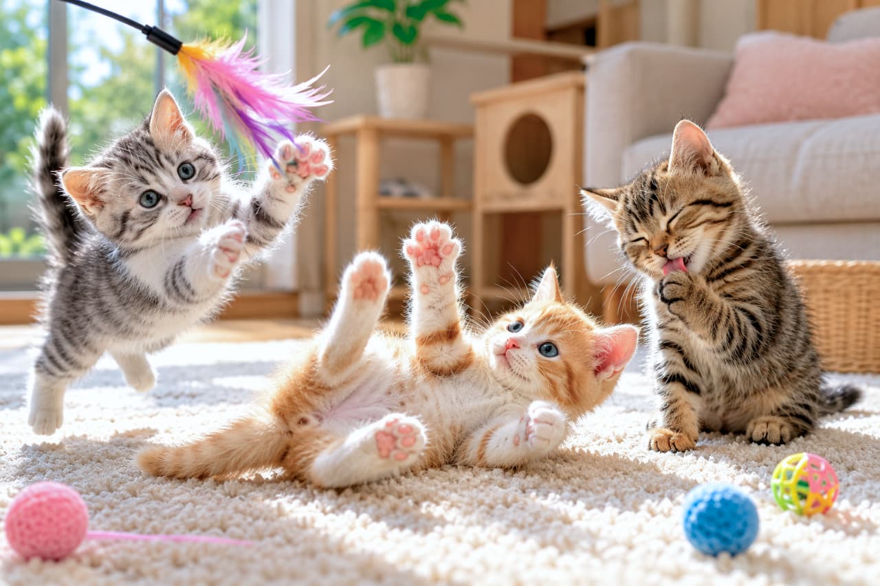 「遊びのスタイルも三者三様🐈💨 みんなはどの子と一緒に遊びたい？コメントで教えてね👇✨ #猫のいる暮らし #子猫」Ultra-realistic high-quality photograph of three playful kittens on a rug in a sunlit living room. A silver tabby stands on its hind legs reaching for a colorful feather toy, an orange tabby rolls on its back showing pink paw pads, and a brown tabby sits grooming its paw. 陽光が差し込む明るいリビングのラグマット上で遊ぶ3匹のリアルな子猫の写真。左ではアメリカンショートヘア風のサバトラが後ろ足で立ち上がりカラフルな猫じゃらしに夢中で手を伸ばし、中央では茶トラが仰向けで肉球を見せてじゃれつき、右側ではキジトラがちょこんと座って毛づくろいをしている、躍動感と日常の愛らしさが詰まった情景