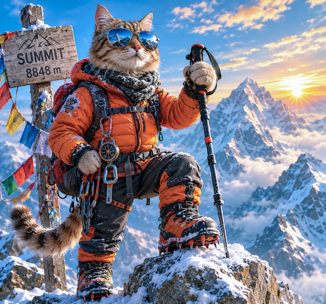 「ついに標高8848mの頂へ！⛰️🕶️オレンジのウェアにサングラス、大ベテランの風格漂う最強の登山家猫です🐾🔥 #アルピニスト」Ultra-realistic high-quality photograph of a veteran alpinist tabby cat standing on a snowy summit above the clouds. Equipped with a thick orange down jacket, sunglasses, a scarf, a trekking pole, and carabiners, the cat places a paw on a rock next to a "SUMMIT 8848m" sign, looking out with a triumphant expression.雲海を見下ろす圧倒的な雪山の頂（標高8,848m）に立つ、ベテラン登山家風のキジトラ猫の高画質画像。厚手のオレンジ色のダウンジャケットにサングラス、首にはマフラーを巻き、トレッキングポールとカラビナ等の本格装備を身につけています。岩場に足をかけ、堂々とした表情で遥か彼方を見つめる、達成感に満ちた一枚です