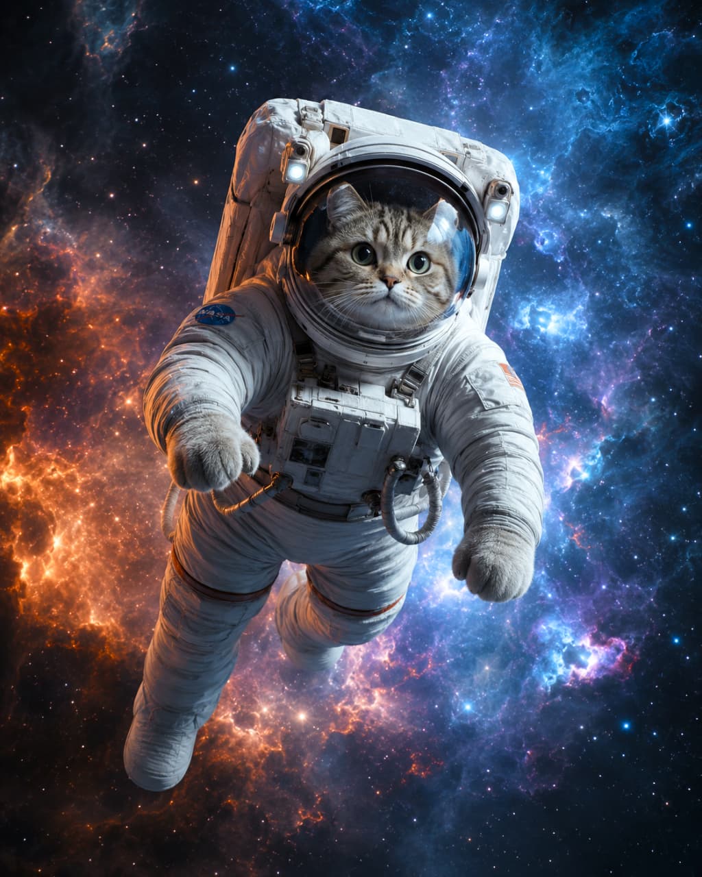 「にゃんこ、ついに宇宙へ！？👩‍🚀✨果てしない銀河を漂う姿がシュールで可愛すぎる！未知との遭遇ニャ🛸」Ultra-realistic high-quality photograph of an adorable tabby and white cat wearing a highly detailed white astronaut suit, floating weightlessly in outer space against a backdrop of vibrant, colorful nebulas and stars. 赤や青に輝く壮大な星雲が広がる宇宙空間を、本格的な白い宇宙服を着てフワフワと漂うキジ白猫。透明なヘルメット越しに見える、好奇心に満ちた丸く大きな瞳とピンと張ったヒゲが、リアルな毛並みの質感とともに高精細に描かれています