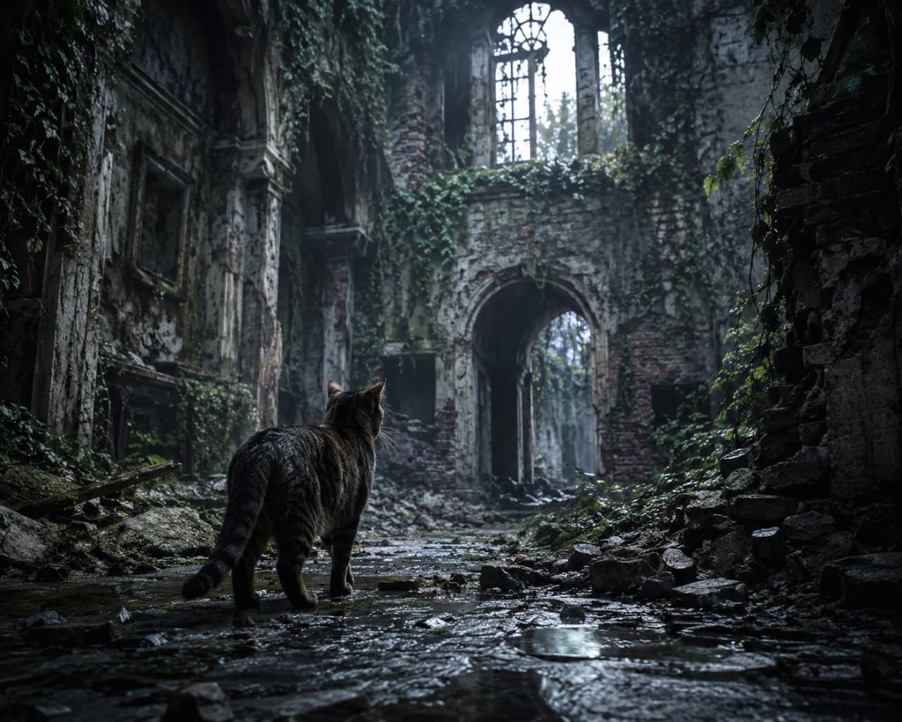 「忘れ去られた廃墟を旅する、小さな冒険家🐈🐾 神秘的な光の先には何があるのかな？✨ #廃墟ポートレート #猫好きさんと繋がりたい」Ultra-realistic high-quality photograph of a tabby cat exploring ancient, ivy-covered ruins. The cat is viewed from behind, standing on wet, rubble-strewn cobblestones, looking towards mystical light streaming through an archway. Cinematic lighting and highly detailed fur texture. 蔦が絡まる薄暗い廃墟に佇むキジトラ猫のリアルな高画質写真。水たまりのある石畳に立ち、アーチ状の出口から差し込む神秘的な光を見つめる凛とした後ろ姿。被毛の緻密な質感と映画のような光と影のコントラストが特徴的です