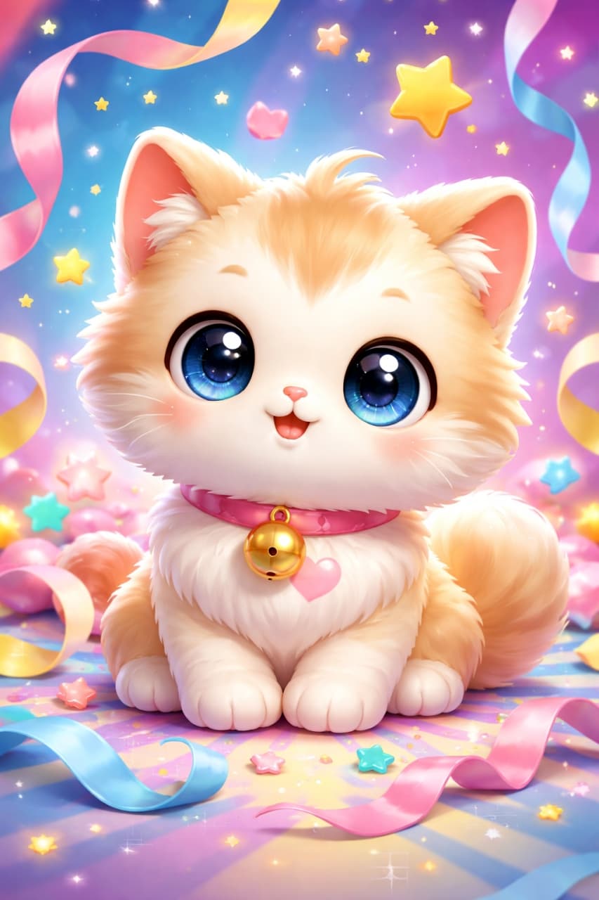 「星がきらめくパステルカラーの背景に、青い瞳が印象的な子猫の3Dキャラクター。リボンやきらめきに囲まれたポップでやさしい世界観が魅力のイラスト」A fluffy 3D cartoon kitten with huge blue eyes and a pink collar with a bell, sitting on a pastel background filled with stars and ribbons. 大きな青い瞳の子猫がベル付きのピンクの首輪をつけ、星とリボンが広がるパステル背景に座る3Dキャラクターイラスト