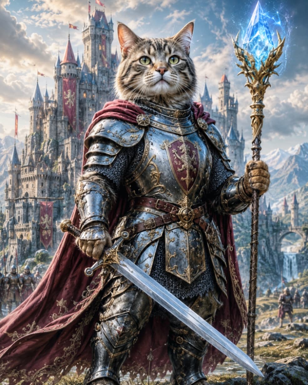 「いざ冒険の旅へ！⚔️🛡️魔法の杖と剣を構える勇敢な猫騎士様。この眼差しに一生ついていきます😼✨ #猫騎士」Ultra-realistic high-quality photograph of a majestic tabby cat knight standing before a grand medieval castle. Wearing intricately decorated heavy plate armor and a crimson cape, the cat holds a sharp broadsword in its right paw and a glowing blue magical crystal staff in its left, with fierce emerald green eyes. 壮大な中世の城を背景に立つ、威風堂々としたキジトラ猫の騎士の高画質画像。細部まで装飾された重厚な金属製のフルプレートアーマーと真紅のマントを身に纏い、右手には鋭い両刃の剣、左手には青い光を放つ魔法のクリスタルの杖を構えています。エメラルドグリーンの瞳が、戦士としての強い意志を感じさせます