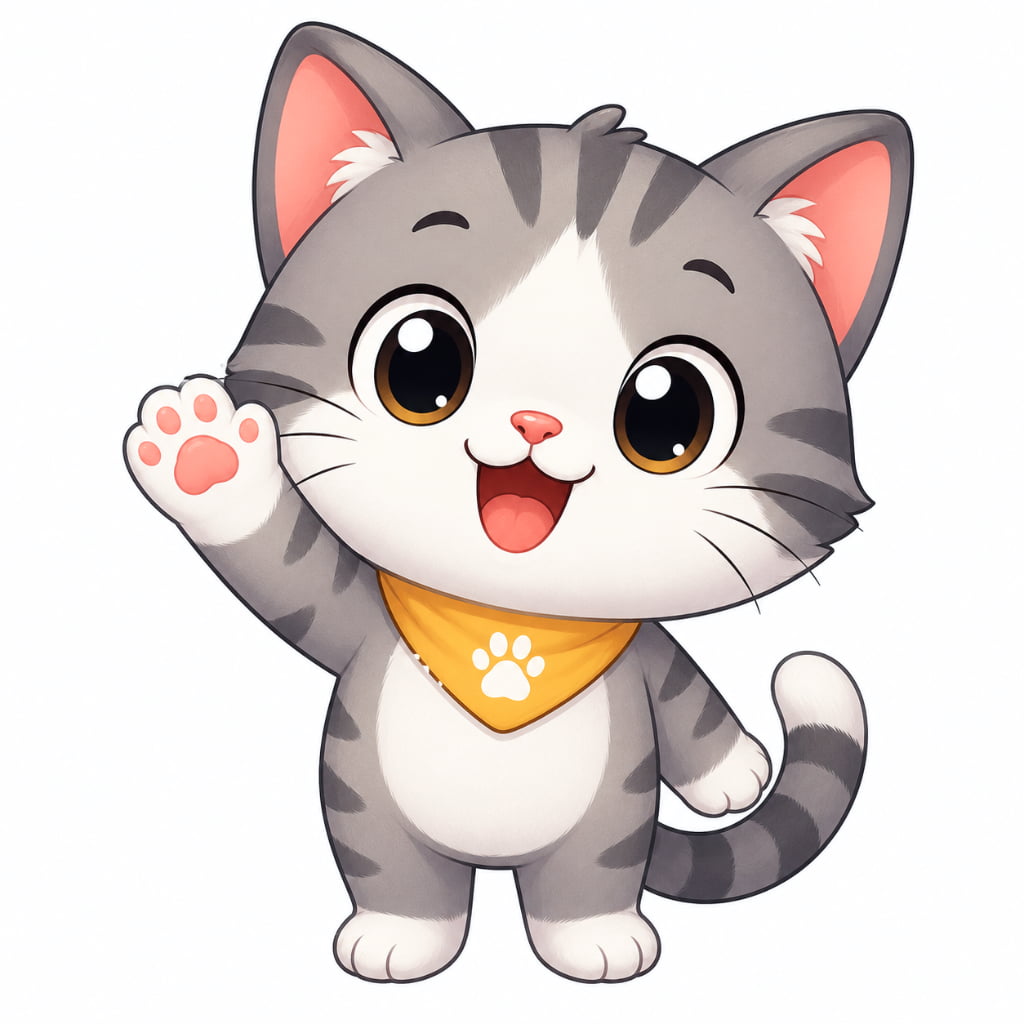 「「やっほー！」元気いっぱいの挨拶にキュンッ😍 ピンクの肉球にハイタッチしたくなっちゃう🐾💛」High-quality 3D cute cartoon style illustration of an adorable silver tabby-and-white kitten wearing a yellow bandana with a paw print, smiling happily and waving its right paw, isolated on a clean white background. 白い背景に立つ、3Dアニメーション風のデフォルメされた可愛いサバトラ白の子猫。肉球マークのついた黄色いバンダナを首に巻き、大きくてキラキラした茶色い瞳と満面の笑みで、右手のピンクの肉球を見せながら元気に挨拶をしているような、ポップで親しみやすいイラスト