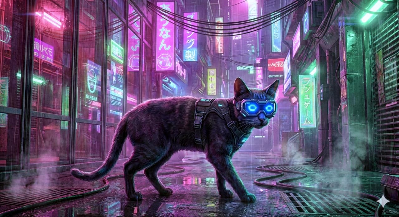 「「ターゲット確認…」ネオン輝く電脳都市の闇へ。LEDゴーグル装着、サイバー猫の極秘任務が始まる！」A cyberpunk black cat wearing blue LED goggles and a tactical harness prowling through a wet, neon-lit futuristic city alley at night. The background is filled with glowing pink and green signs with Japanese characters. ピンクや緑のネオン看板が輝く雨濡れたサイバーパンクな未来都市の路地裏を、青いLEDゴーグルとタクティカルハーネスを装着して歩く黒猫