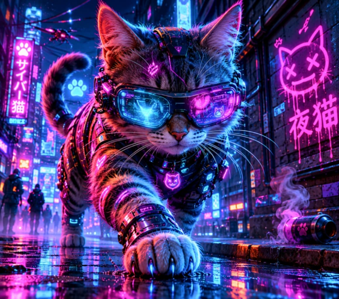 「近未来からやってきた最強のサイバーキャット見参！😼✨この圧倒的ボス感、カッコよすぎませんか？🌃」Ultra-realistic high-quality photograph of a tough tabby cat wearing glowing neon goggles and futuristic gear, prowling through a rainy cyberpunk city street lit by vibrant pink and blue neon signs. ネオンサインが輝くサイバーパンクな夜の路地を、力強い足取りで歩くキジトラ猫。青と紫に発光するハイテクなゴーグルやメカニカルなハーネスを装着し、濡れた路面に反射する光が、猫の緻密な毛並みと近未来的な装備を美しく際立たせています