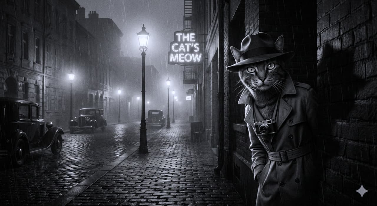 「雨の街角、ハードボイルドな探偵猫が張り込み中。「THE CAT'S MEOW」の看板の下で、今夜も事件の予感？」Film noir style black and white image of a mysterious spy cat wearing a trench coat and fedora, lurking in a rainy city street at night. The cat has a camera around its neck and stands near a brick wall, with a neon sign reading "THE CAT'S MEOW" in the background. 雨の降る夜の街角で、トレンチコートとフェドラ帽を身につけて影に潜む、ミステリアスなスパイ猫のフィルム・ノワール風白黒写真。首からカメラを下げており、背景には「THE CAT'S MEOW」というネオンサインが光っている