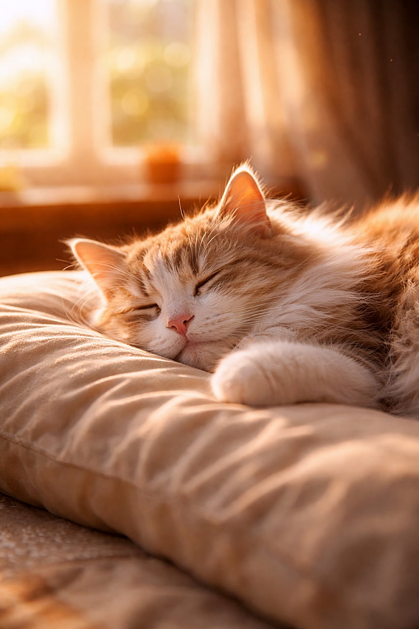 「ぽかぽかの陽だまりとやわらかな枕に包まれて、ぐっすり夢の中の猫。静かな午後に広がる、見ているだけで心がほどけるような穏やかなひととき🐱🌞」Photorealistic fluffy cat sleeping peacefully on a soft pillow, bathed in warm sunlight from a nearby window, cozy and serene atmosphere. 窓から差し込む暖かな陽光に包まれ、柔らかな枕の上で気持ちよさそうに眠るふわふわの猫。穏やかで心地よい室内の雰囲気