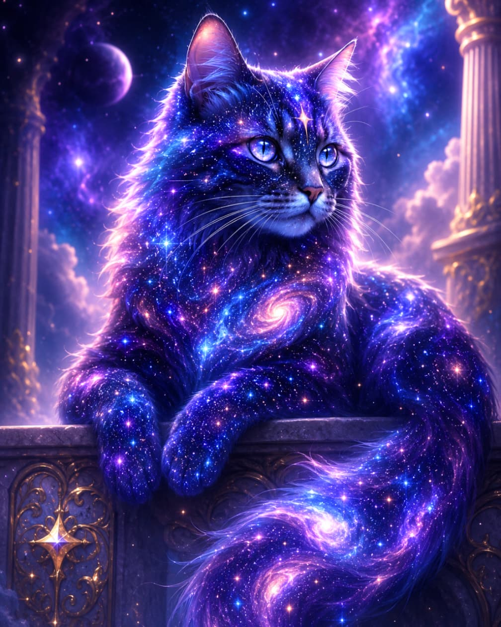 「宇宙の神秘が猫になっちゃった！？🌌✨星雲と銀河を纏った姿は、ずっと見つめていたくなる美しさです🌠🐈 #宇宙猫」Ultra-realistic high-quality photograph of a mystical cosmic cat whose fur is made of a starry galaxy. Swirling purple and blue nebulae and twinkling stars form the cat's silhouette, with deep sapphire-blue eyes looking into the distance, set against a backdrop of ancient pillars and a giant planet. 壮大な宇宙と星空そのものを被毛に宿した、神秘的な猫の高画質画像。紫や青に輝く星雲、渦巻く銀河、きらめく星々が猫のシルエットを形作っており、サファイアのように青く輝く瞳で静かに遠くを見つめています。背景には古代の神殿のような柱と巨大な惑星が浮かぶ、息を呑むような美しさのファンタジーアートです