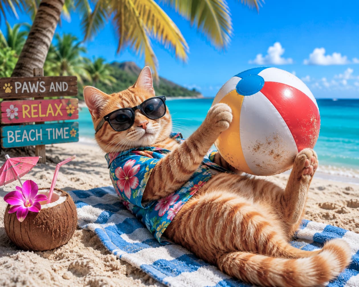 「アロハニャ～！🌴南国ビーチで最高の夏休みを満喫中☀️みんなも一緒にリラックスして過ごすニャ？🍹 #猫のバカンス #癒やしの極み」Ultra-realistic high-quality photograph of a ginger tabby cat enjoying a vacation at a tropical beach. The cat is wearing a blue Hawaiian shirt and black sunglasses, lying on its back on a blue checkered towel while holding a colorful beach ball with its paws. In the foreground, a coconut drink with an orchid and a rustic wooden beach sign are visible against a backdrop of a turquoise ocean, palm trees, and a clear blue sky under bright sunlight. 鮮やかな青空とエメラルドグリーンの海が広がる南国の砂浜で、バカンスを満喫する茶トラ猫のリアルな高画質写真。ハイビスカス柄の青いアロハシャツと黒いサングラスを着用し、チェック柄のビーチタオルの上で仰向けになりながら、カラフルなビーチボールを前足と後ろ足で器用に抱えています。手前には蘭の花が添えられたココナッツのトロピカルドリンクと「PAWS AND RELAX」と書かれた木製の看板があり、燦々と降り注ぐ太陽光がリゾートの開放的な雰囲気を際立たせています