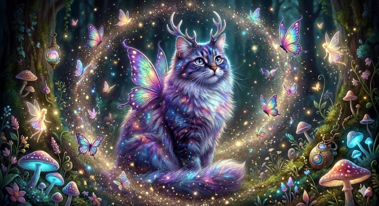 「蝶の羽にキラキラの魔法♡妖精の森で輝く、銀河色の不思議な猫ちゃん。夢のような世界へご招待！」A highly detailed fantasy illustration of a magical cat with galaxy-colored fur, antlers, and iridescent butterfly wings. The cat sits in an enchanted forest surrounded by glowing mushrooms, fluttering butterflies, small fairies, and glittering light particles. 銀河色の輝く毛並み、鹿のような角、虹色の蝶の羽を持つ魔法の猫のファンタジーイラスト。発光するキノコや舞う蝶、小さな妖精たち、そしてキラキラ輝く光の粒子に囲まれた幻想的な森の中に座っている