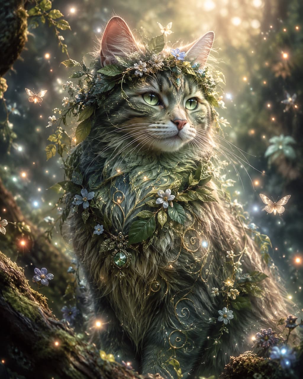 「森の精霊に出会ったかも…🌿🦋植物とお花を纏った長毛の猫ちゃん、神秘的な美しさにうっとりです✨🐈 #ファンタジー」Ultra-realistic high-quality photograph of a majestic long-haired tabby cat (Maine Coon style) in a mystical sunlit forest. Entwined with green leaves, vines, and blue flowers, the cat looks like a forest spirit. Glowing butterflies and golden light particles float around, complementing the cat's piercing green eyes. 木漏れ日が差し込む神秘的な森の中で、静かに佇む長毛種のキジトラ猫（メインクーン風）の高画質画像。被毛には緑の葉や蔦、可憐な青い花が絡みつき、まるで森の精霊のように自然と一体化しています。周囲には光る蝶や黄金色の光の粒子が舞い、猫の透き通るような緑色の瞳が神秘的な雰囲気を醸し出しています