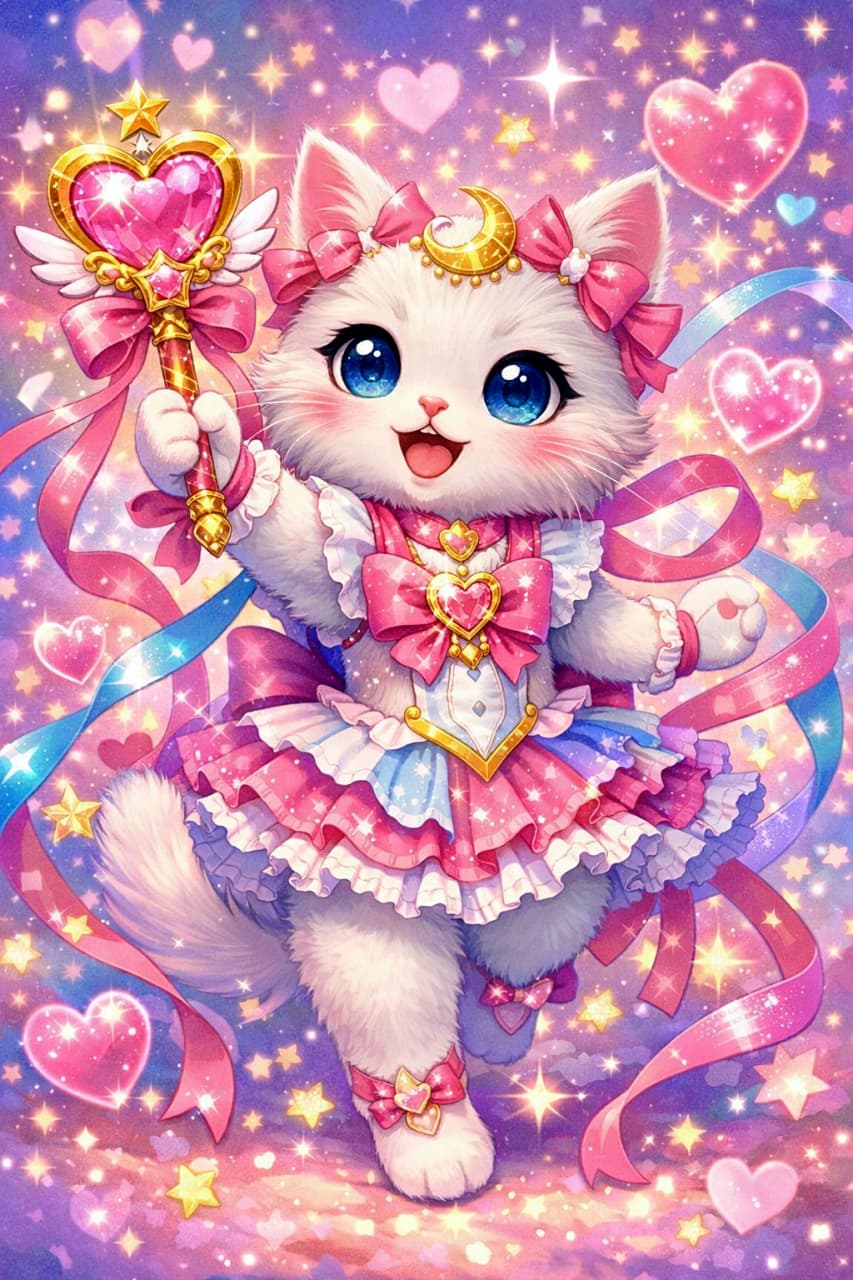 「ハートの魔法ステッキを掲げた魔法少女スタイルの猫が登場。星とリボン、きらめくハートに包まれたカラフルなファンタジー世界の主役です✨🐾」Magical girl style cat wearing a sparkly costume and holding a heart-topped magic wand, surrounded by glowing hearts, stars, and colorful ribbons in a bright fantasy scene. キラキラの魔法少女風コスチュームを着てハートの魔法ステッキを持つ猫。星やハート、リボンに囲まれたカラフルなファンタジーイラスト