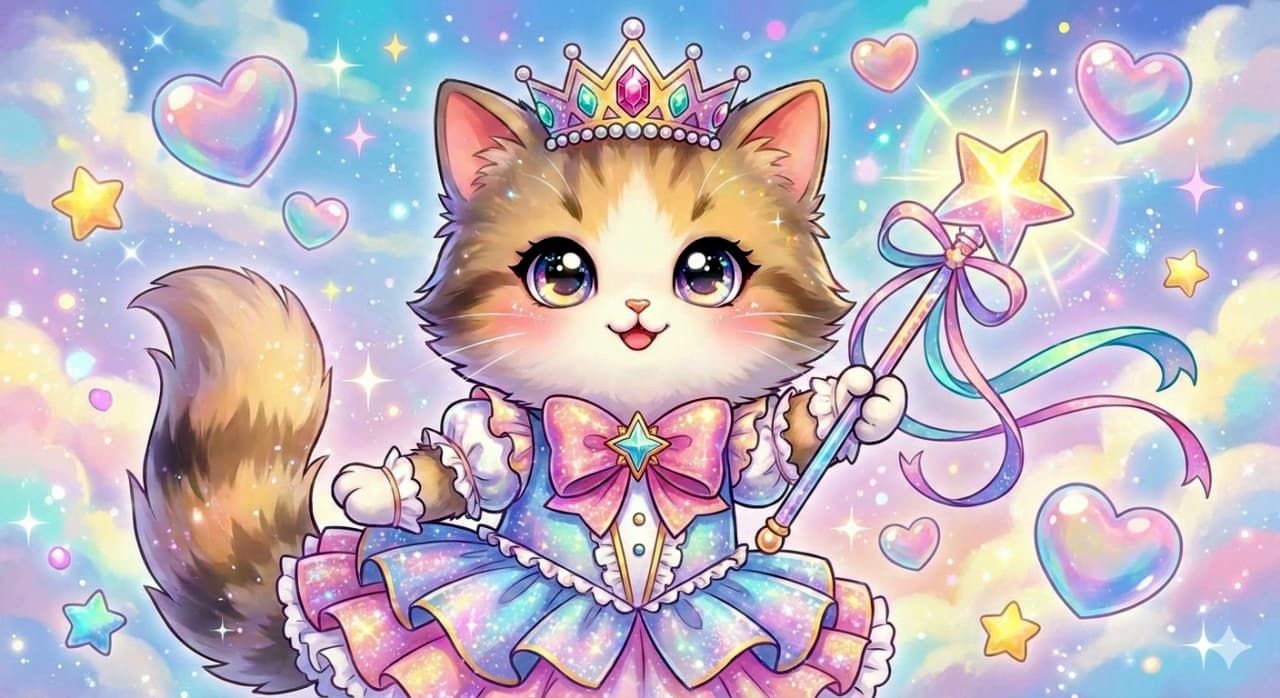 「魔法少女に変身っ！キラキラ衣装と星のステッキで、あなたのハートを狙い撃ち♡」A colorful fantasy illustration of a cute kitten dressed as a "magical girl" in a sparkly pastel dress and tiara. The kitten holds a star-topped magic wand, surrounded by floating hearts, stars, ribbons, and fluffy clouds. キラキラしたパステルカラーのドレスとティアラを身につけ、「魔法少女」に変身した可愛い子猫のファンタジーイラスト。星のついた魔法の杖を持ち、ハートや星、リボン、ふわふわの雲に囲まれている