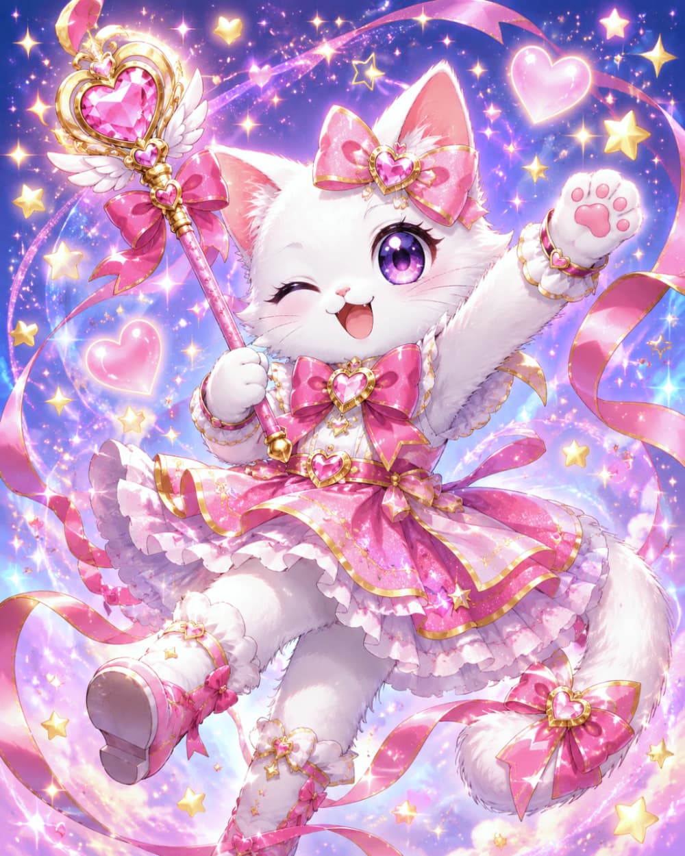 「あなたのハートに魔法をかけるニャ！🪄💖 キラキラ全開の魔法少女キャット、ただいま参上！🌟🎀 #魔法少女 #白猫の可愛さ」Ultra-realistic high-quality 3D-style illustration of a cute white cat dressed as a magical girl. The cat wears a frilly pink dress with ribbons, winking brightly while holding a heart-shaped magical wand. Set against a dreamy, pastel starry sky background filled with sparkling stars and hearts. ピンクのフリルドレスとリボンを身に纏った、魔法少女風の白猫の超リアルでポップな3D風高画質画像。ハートのステッキを掲げ、大きな紫色の瞳で愛らしくウインクをしています。背景はピンクと紫のパステルカラーの宇宙で、無数の星や輝くハートが舞う夢のような可愛らしい情景です