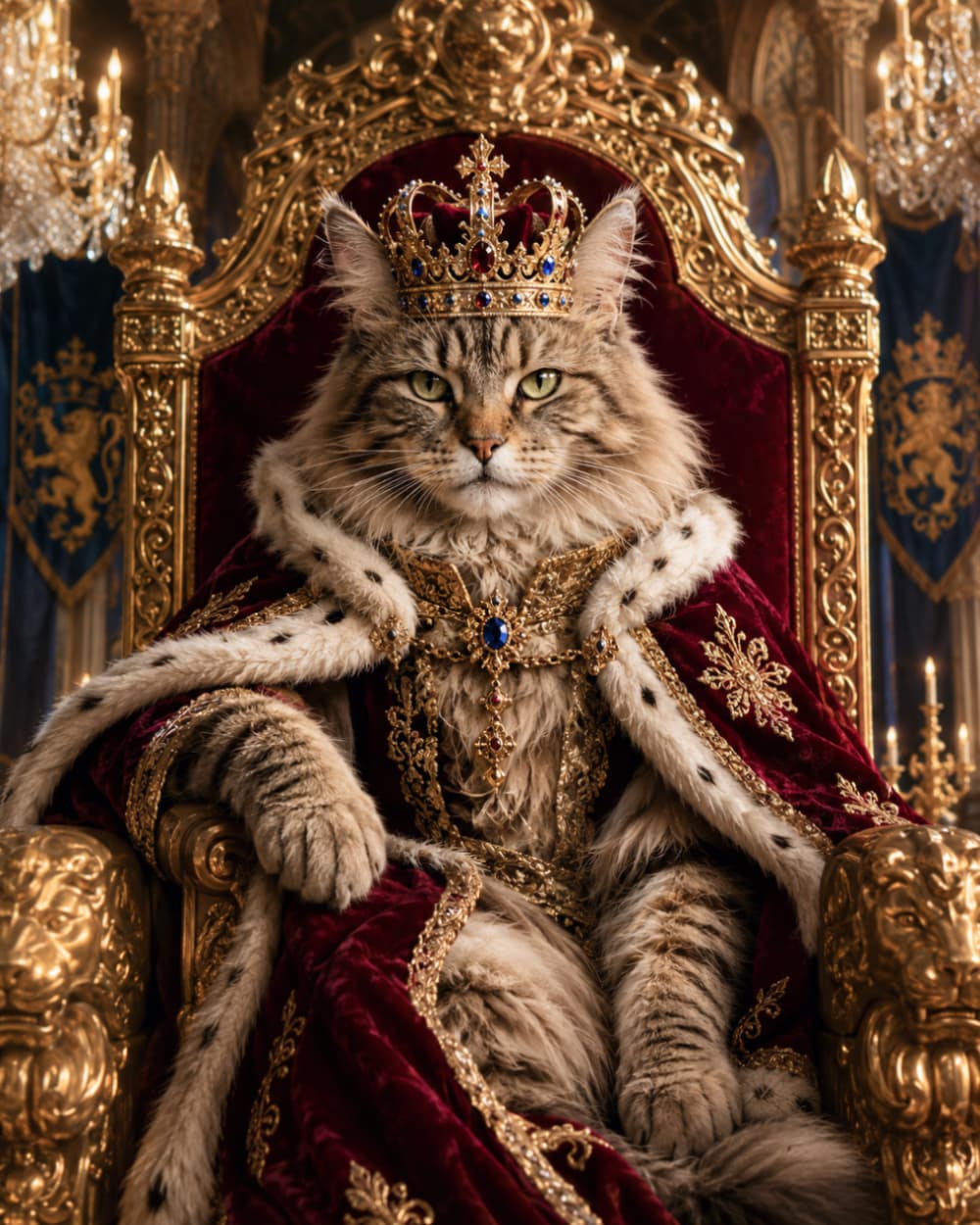 「平伏せよ、我らが猫王陛下の御前であるぞ！🐾👑 このモフモフと威厳、一生ついていきます！🙇‍♀️✨ #メインクーン #猫の王様」Ultra-realistic high-quality photograph of a majestic Maine Coon cat sitting on an ornate gold and red velvet throne as a royal monarch. Wearing a heavily jeweled crown and an elaborate royal mantle with gold embroidery. The grand palace background features chandeliers and heraldic banners. 豪華な黄金の玉座に座る、メインクーンの国王の超リアルな高画質写真。ルビーやサファイアがはめ込まれた王冠を頂き、金糸の刺繍が施された真紅のベルベットとアーミンのマントを羽織っています。宮殿のシャンデリアや青い紋章旗を背景に、長毛種特有のふさふさとした被毛と威厳ある表情が際立ちます