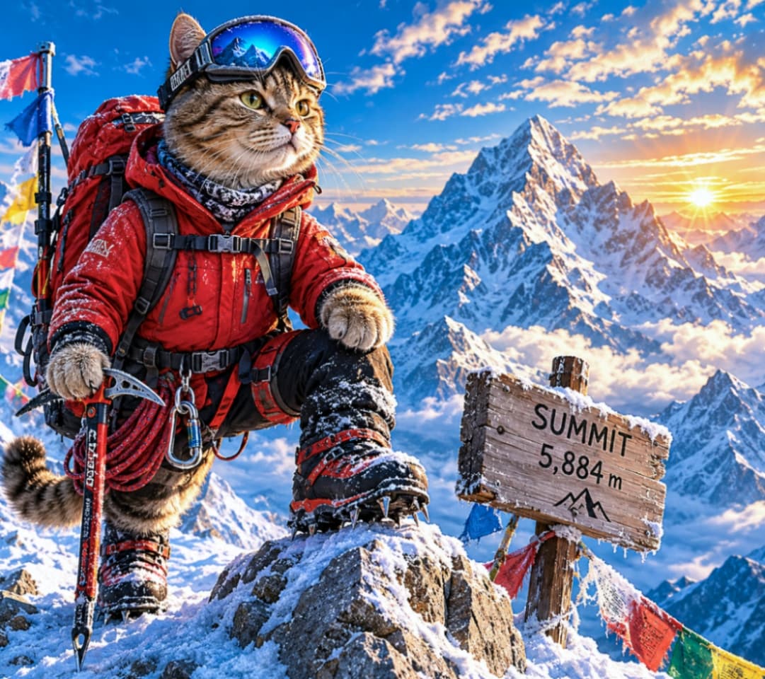 「標高5,884m登頂達成！🏔️🐾赤いジャケットとピッケルが決まってる、勇敢なアルピニストにゃんこです😼✨ #登山猫」Ultra-realistic high-quality photograph of an adventurer tabby cat conquering a snowy mountain peak at sunrise. Wearing a professional red down jacket, ski goggles, and crampons, the cat firmly holds an ice ax. A wooden sign reading "SUMMIT 5,884m" and colorful prayer flags flutter nearby. 朝日に照らされる険しい雪山の頂上で、誇らしげにポーズをとる登山家キジトラ猫の高画質画像。本格的な赤いダウンジャケット、スキーゴーグル、アイゼン（滑り止め）付きのブーツを着用し、右手にはピッケルを力強く握っています。傍らには「SUMMIT 5,884m」と書かれた木の標識とカラフルなタルチョ（祈祷旗）が風に揺れています