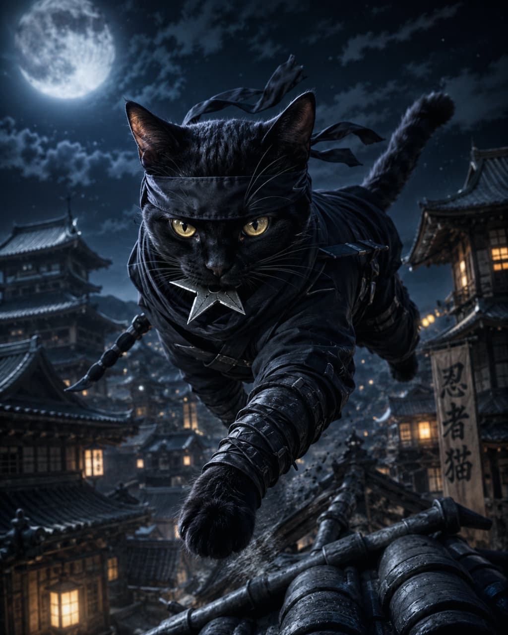 「月夜を駆ける黒猫忍者参上！🥷🌙口にくわえた手裏剣と鋭い眼差し…カッコよすぎて痺れる🐾✨ #忍者猫」Ultra-realistic high-quality photograph of a black ninja cat sprinting across tiled roofs under a full moon in an old Japanese town. Wearing a black ninja outfit and headband, the cat has piercing golden eyes and holds a shuriken in its mouth, conveying a dramatic sense of speed and tension. 満月が照らす夜の江戸の街並みで、瓦屋根の上を俊敏に駆け抜ける黒猫の忍者の高画質画像。黒い忍び装束と鉢巻きを身につけ、鋭い金色の瞳を光らせながら口に手裏剣をくわえています。背景には提灯の灯りがともる古い日本家屋が立ち並び、緊迫感と疾走感があふれるドラマチックな構図です