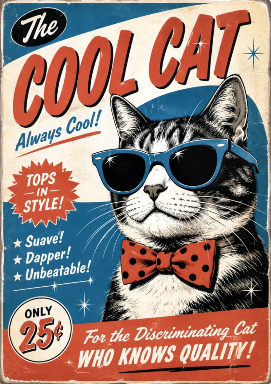 「圧倒的なこのクールさ😎✨レトロなポスター風デザインがおしゃれすぎて、お部屋に飾りたいレベル🐈🎨 #ヴィンテージ風」Ultra-realistic high-quality photograph/illustration of a cool tabby cat designed like a 1950s American vintage poster. Wearing blue sunglasses and a red polka-dot bowtie, the cat tilts its chin up proudly, surrounded by retro typography like "The COOL CAT" and vintage paper textures. 1950年代のアメリカン・ヴィンテージポスター風にデザインされた、クールなキジトラ猫の高画質イラスト風画像。青いティアドロップ型のサングラスと、赤い水玉模様の蝶ネクタイを着用し、誇らしげに顎を上げています。「The COOL CAT」「Always Cool!」といったレトロなタイポグラフィと、かすれたような紙の質感が特徴的です