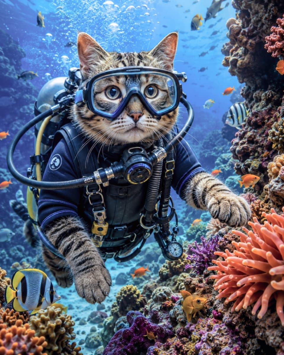 「お魚さんたちと夢の海中散歩🐠✨フル装備のダイビングにゃんこ、泳ぎのセンスも抜群です！🌊🐾 #猫好き」Ultra-realistic high-quality photograph of a curious tabby cat scuba diving in crystal clear blue water. The cat is wearing a professional diving mask, regulator, and black wetsuit, swimming gracefully with its front paws extended. The background features a vibrant, beautiful coral reef and colorful tropical fish, creating a magical underwater scene. 透明度の高い青い海の中をスキューバダイビングする、好奇心旺盛なキジトラ猫の高画質画像。本格的なダイビングマスクやレギュレーター、黒いウェットスーツを完璧に着こなし、前足を伸ばして泳いでいます。背景には色鮮やかなサンゴ礁と、黄色やシマウマ模様の熱帯魚たちが美しく舞う、幻想的でリアルな海中の情景です