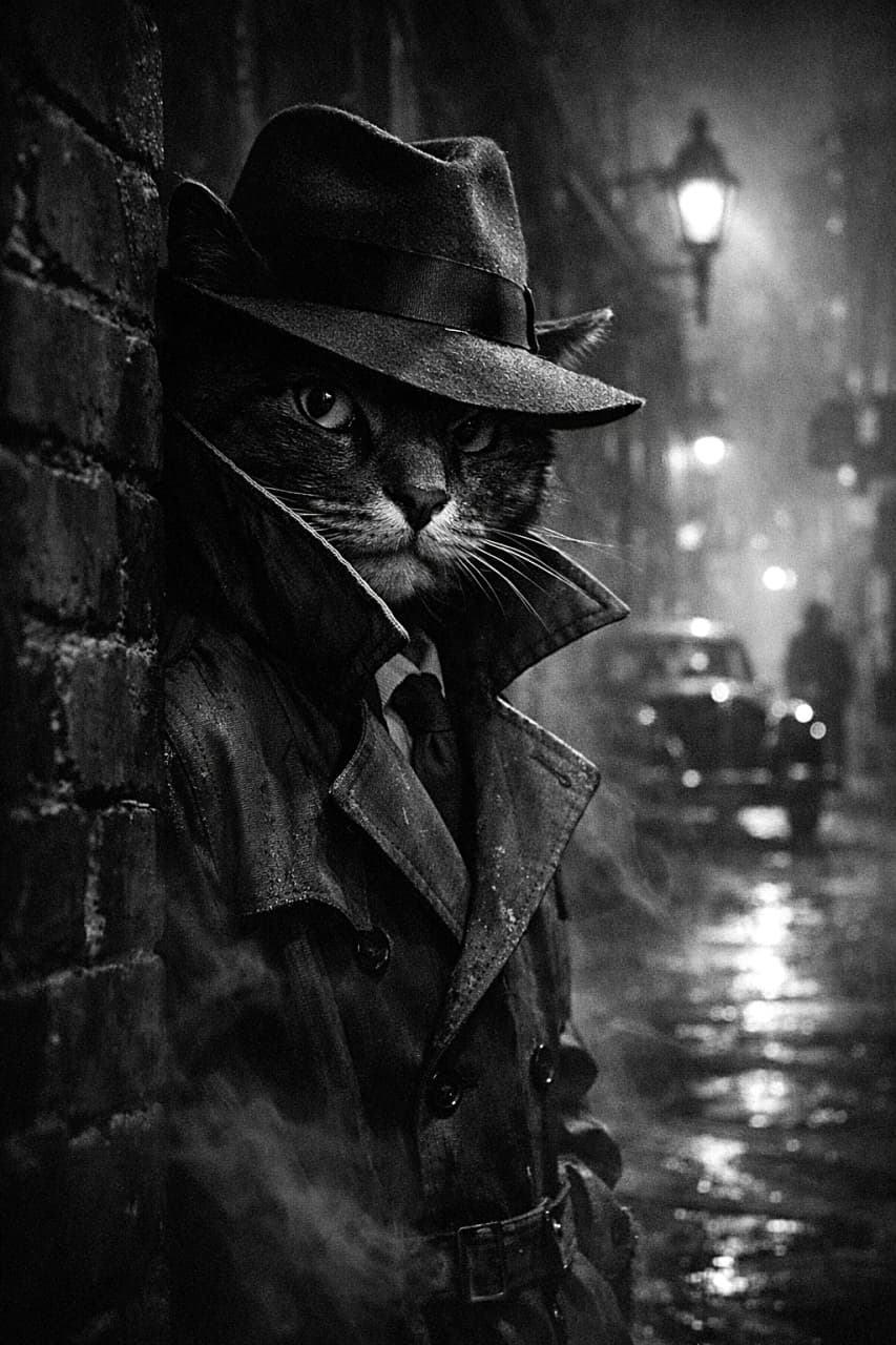 「霧に包まれた夜の街で静かに任務を追うスパイ猫。トレンチコートと帽子が似合う、フィルムノワールの雰囲気ただようミステリアスなワンシーン🐾🌙」A mysterious spy cat wearing a trench coat and fedora stands in the shadows of a foggy city street at night, film noir style with dramatic lighting and wet pavement reflections. 霧に包まれた夜の街路の影に立つ、トレンチコートとフェドラ帽を身につけたスパイ風の猫。濡れた路面と街灯の光が印象的なフィルムノワール風のシーン