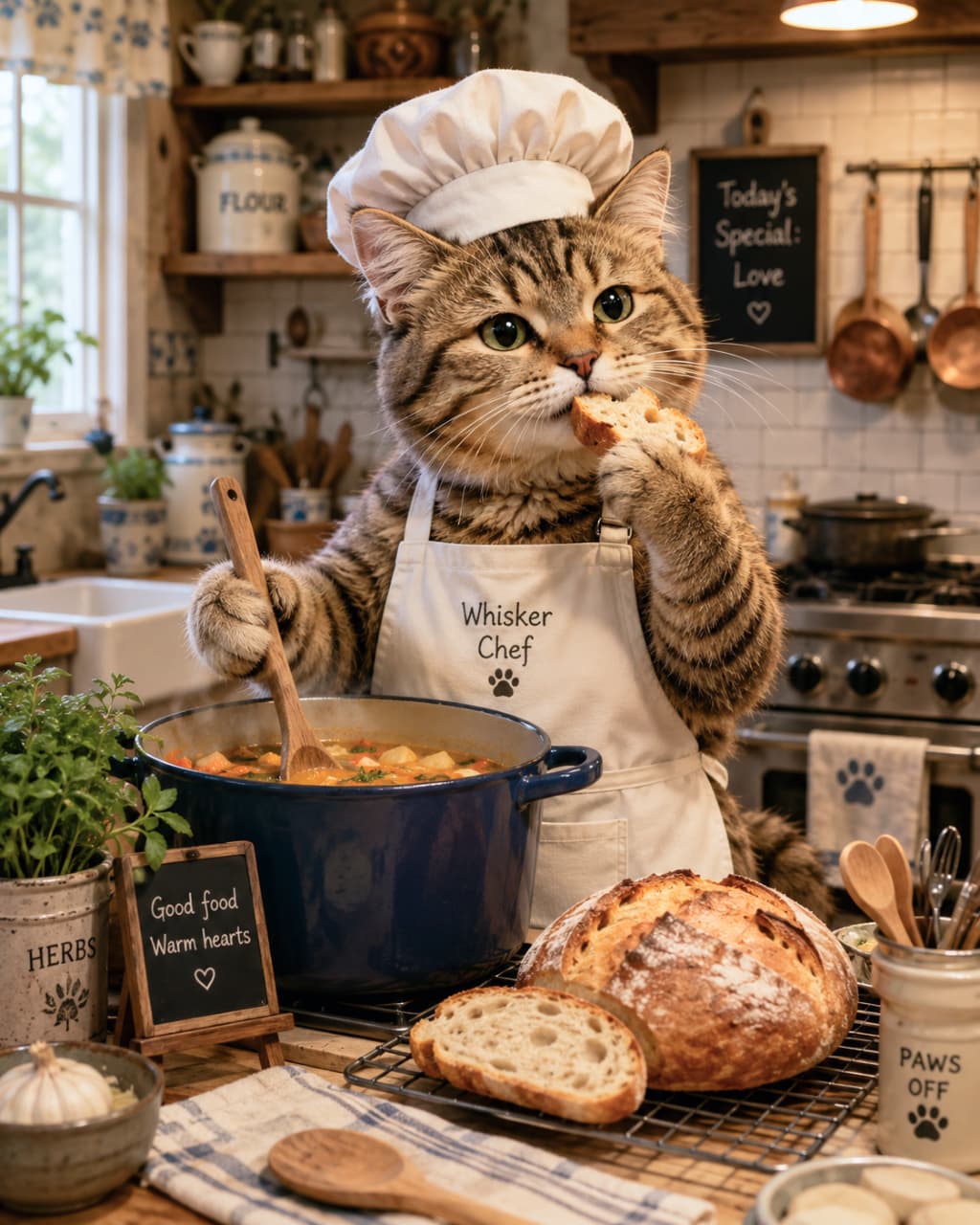 「特製スープの味見…のつもりが、パンもパクッ🍞🐾 お茶目で可愛い猫シェフのレストラン、予約希望です！🍽️👨‍🍳」Ultra-realistic high-quality photograph of a tabby cat dressed as a chef with a toque and apron, stirring a pot of stew with a wooden spoon while simultaneously eating a piece of rustic bread in a cozy, rustic kitchen setting. カントリー調の温かみのあるキッチンで、白いコック帽と「Whisker Chef」と書かれたエプロンを身につけたキジトラ猫のシェフ。右手で木べらを持って青い鍋の煮込み料理を混ぜながら、左手でちぎったカンパーニュパンを口にくわえてつまみ食いをしている、ユーモラスでシズル感のあるリアルな高画質写真