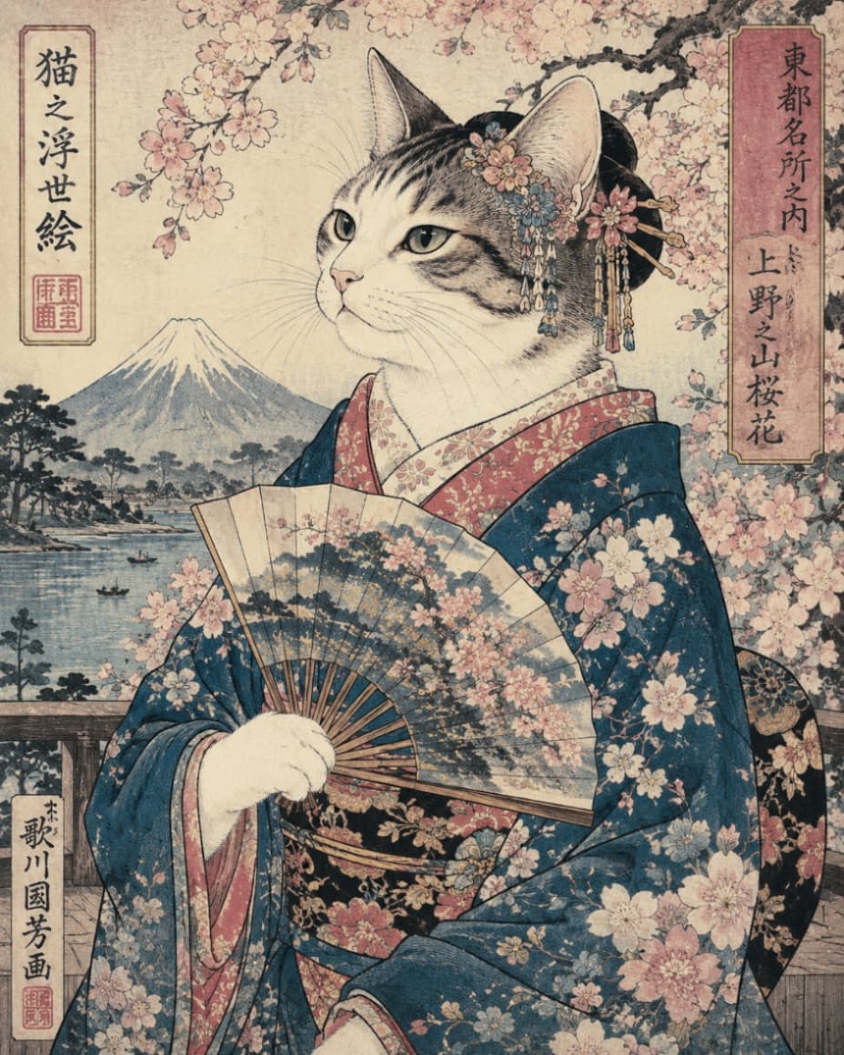 「和の心を持った雅なにゃんこ見参🌸 お着物姿も凛としていて、思わず見惚れちゃう美しさです👘✨」Ultra-realistic high-quality illustration in the style of traditional Japanese Ukiyo-e, featuring an elegant tabby-and-white cat wearing a blue floral kimono and hair ornaments, holding a fan. The background depicts blooming cherry blossoms, a serene lake, and Mount Fuji. 日本の伝統的な浮世絵のタッチで描かれた、豪華な花柄の青い着物を着たキジ白猫。頭には繊細なつまみ細工の簪（かんざし）を挿し、右手には桜が描かれた扇子を優雅に持っている。背景には満開の桜と雄大な富士山、静かな湖畔が広がる、和の趣が美しいレトロモダンなアート作品