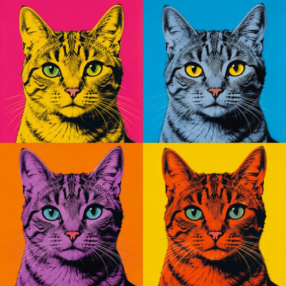 「アートな気分はいかが？🎨✨ カラフルでポップな猫ちゃんたちがあなたの画面を鮮やかに彩ります！皆はどの色が好き？🌈🐾 #ポップアート #アートな猫」Ultra-realistic high-quality image of cat portraits arranged in a vibrant, four-panel Andy Warhol pop art style. Featuring four detailed cat faces in striking colors—yellow on pink, blue on light blue, purple on orange, and red on yellow—combining realistic fur textures with bold, contrasting pop art colors. アンディ・ウォーホル風のポップアートスタイルで表現された、4匹の猫の顔の高画質画像。左上はピンク背景に黄色い猫、右上は青背景に青い猫、左下はオレンジ背景に紫の猫、右下は黄色背景に赤い猫という鮮やかな構成。被毛のリアルな質感と、ビビッドな色彩の対比が目を引くデザインです