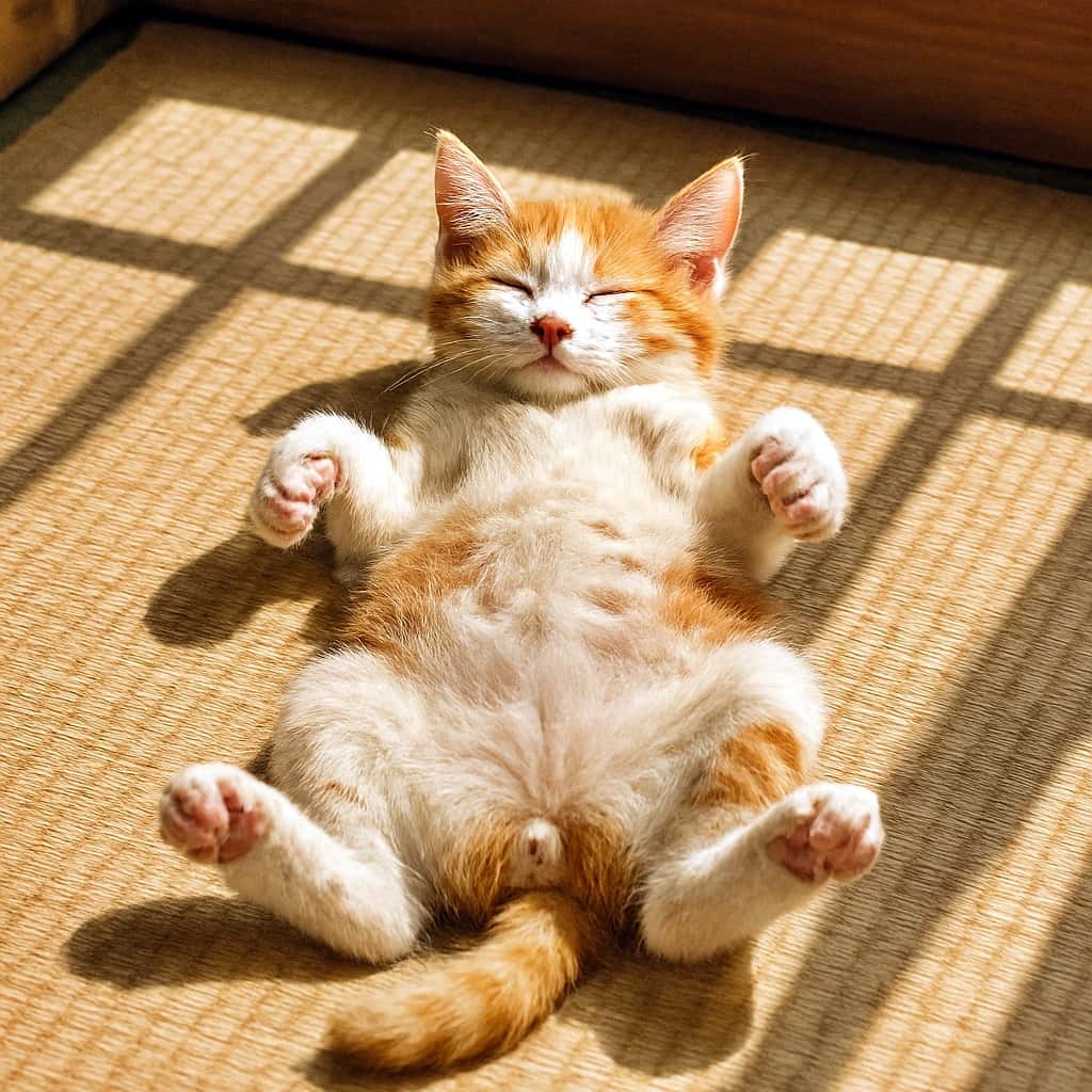 「ぽかぽか日差しでお昼寝タイム♪ 畳の上でへそ天ポーズ、夢の中へジャンプ!」A red and white Japanese Bobtail kitten lies on its back in the “heso-ten” pose on a tatami mat, belly exposed and paws relaxed in the air. Sunlight streams through a window, casting soft shadows of the window frame across the kitten and mat, creating a peaceful, photorealistic scene. 赤白のジャパニーズ・ボブテイルの子猫が畳の上で「へそ天」ポーズで仰向けに寝ている。お腹を見せ、前足と後ろ足をゆるく上げている。窓から差し込む柔らかな日差しが畳と子猫に影を落とし、穏やかで写実的な雰囲気を演出している