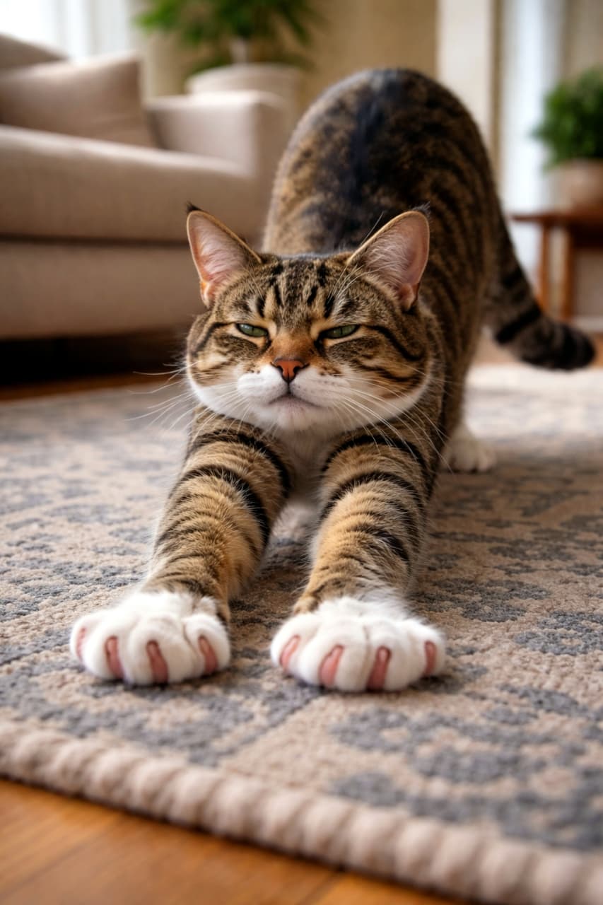 「のび〜っと全力ストレッチ🐾でもよく見ると肉球と爪がちょい崩れ気味!?」A stretching adult cat on a rug with fully extended front legs; paw anatomy appears unnatural with distorted toes and visible inconsistencies in claws and paw pads. ラグの上で前足を大きく伸ばしてストレッチする成猫。肉球と爪の形状に不自然な歪みがあり、指先の構造に破綻が見られる。