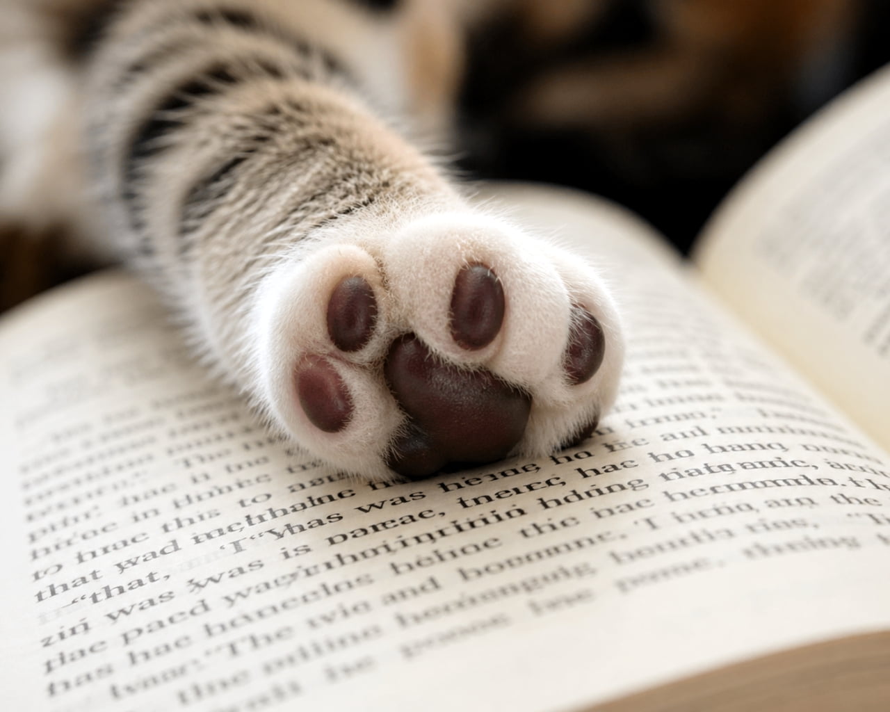 「読書の秋?それともお邪魔虫?📚🐈文字の上にちょこんと乗ったぷにぷに肉球に癒されます🤎」Ultra-realistic high-quality photograph of a close-up of a fluffy cat paw with dark pads resting on an open book. 開かれた洋書の上に置かれた、猫のふっくらとした前足のクローズアップ写真。黒い肉球の質感がリアルに表現されている